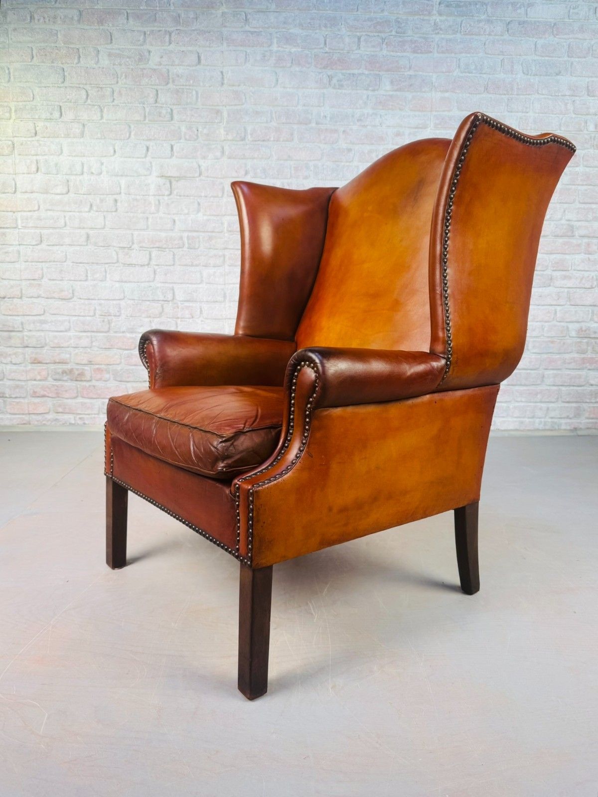 Vintage George III Style English Tan Leather Wingback Chair C.1940 #A834 photo Furniture