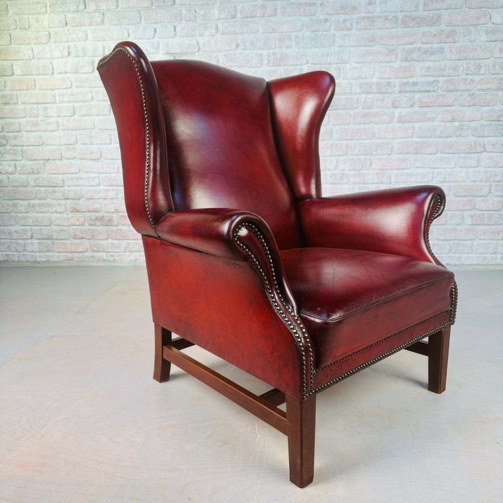 Vintage English Chestnut Brown Deep Red Leather Wingback Chair #A844 photo 985.0
