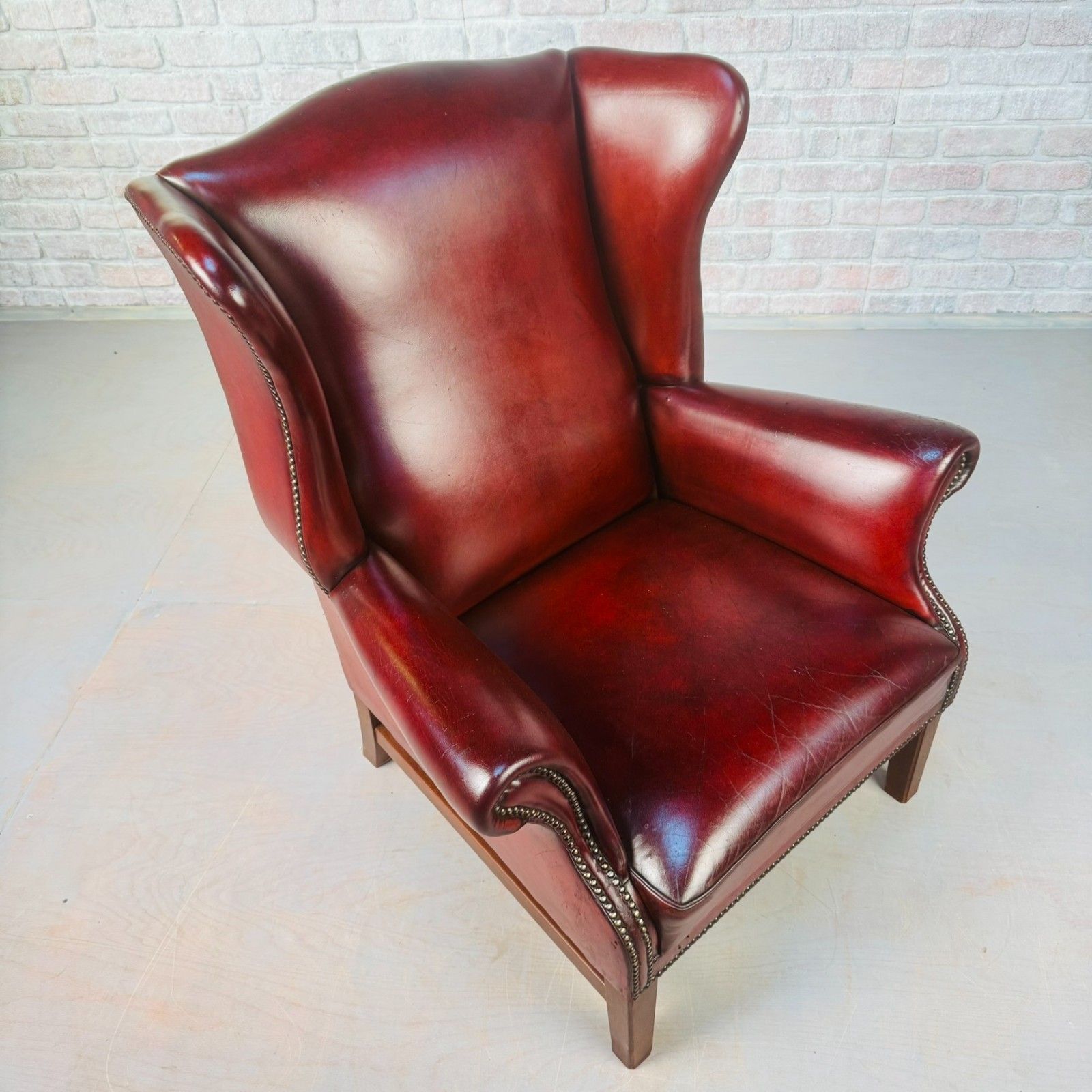 Vintage English Chestnut Brown Deep Red Leather Wingback Chair #A844 photo vinterior
