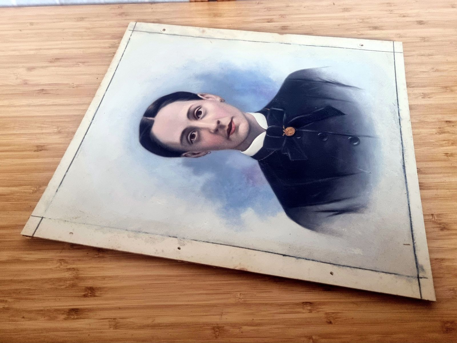 Antique Painted Portrait Panel, 19th Century Oil Over Photograph, Female Portrait Art, Hand Painted Photographic Panel photo vinterior