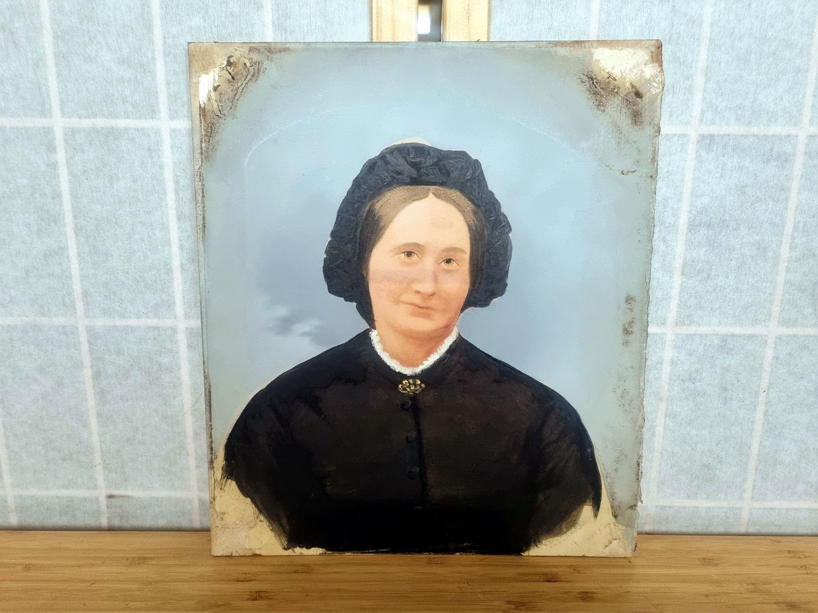Antique Painted Portrait Panel, Oil Over Photograph, Female Portrait Art, Hand Painted Tintype Style