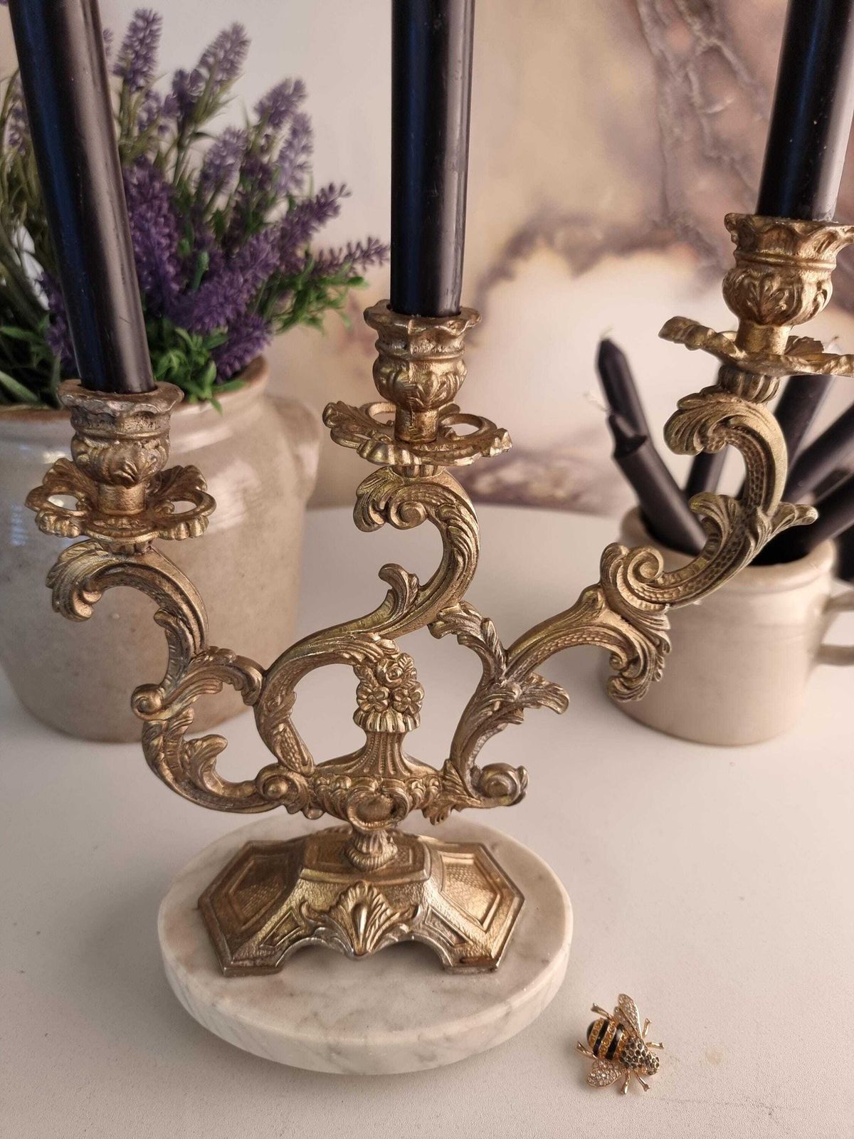 Woonaccessoires Vintage Franse Kandelaar | Driearmige Kandelaar | Vintage Bronzen Kandelaar photo