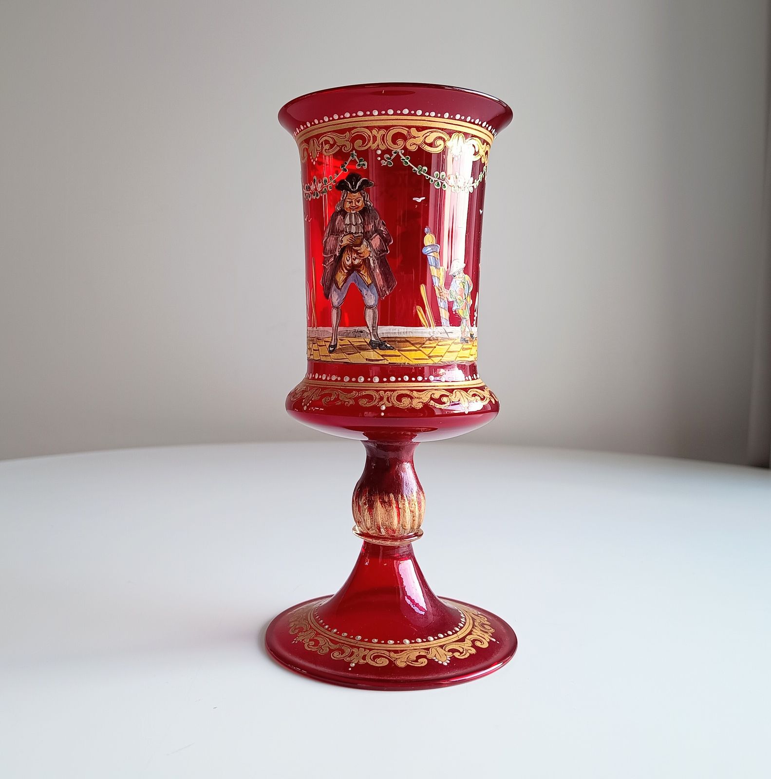 Venetian Ruby Chalice Goblet Vase, Hand Painted Comedia Del Arte, Salviati Style, Murano Art Glass photo Home Decor