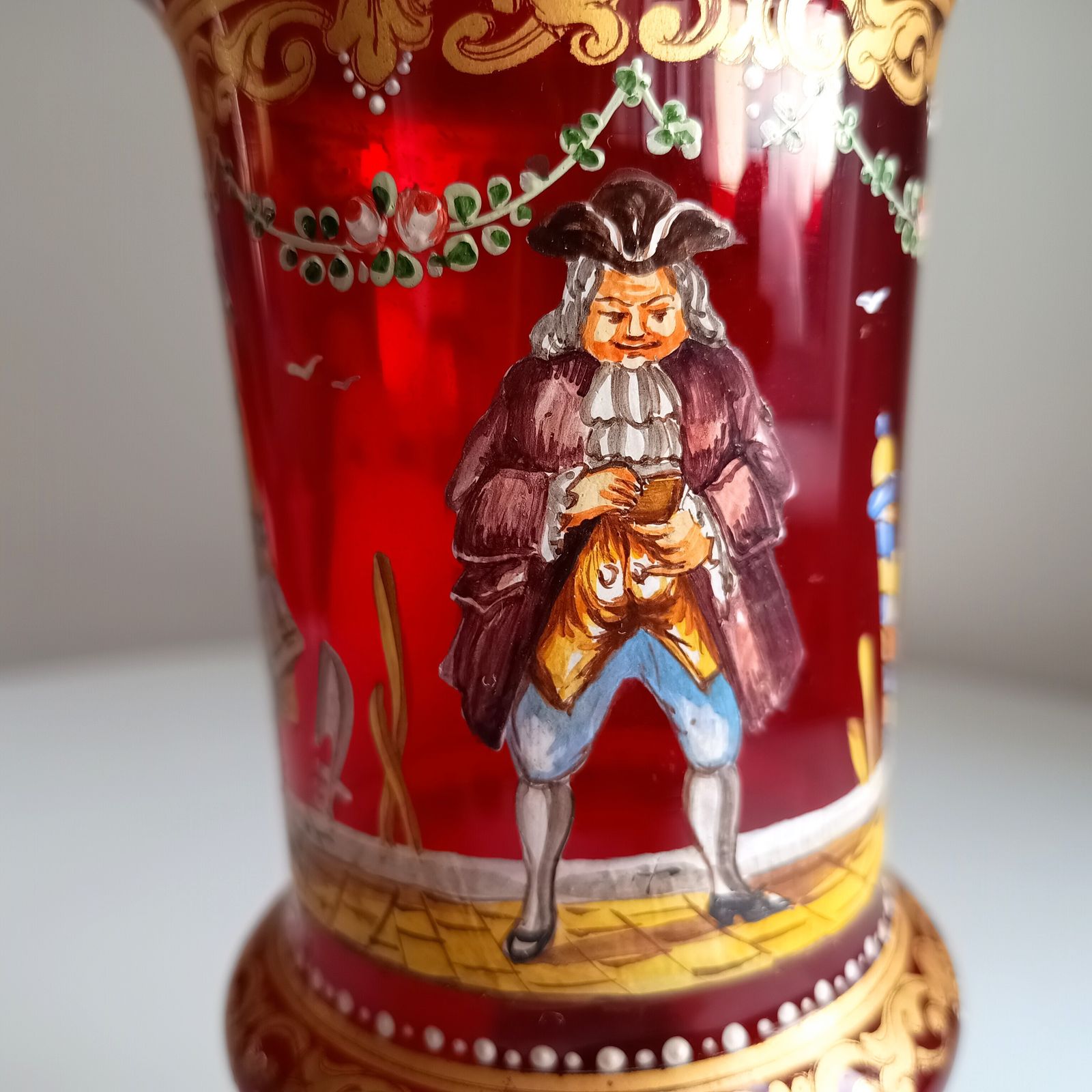 photo for sale Venetian Ruby Chalice Goblet Vase, Hand Painted Comedia Del Arte, Salviati Style, Murano Art Glass