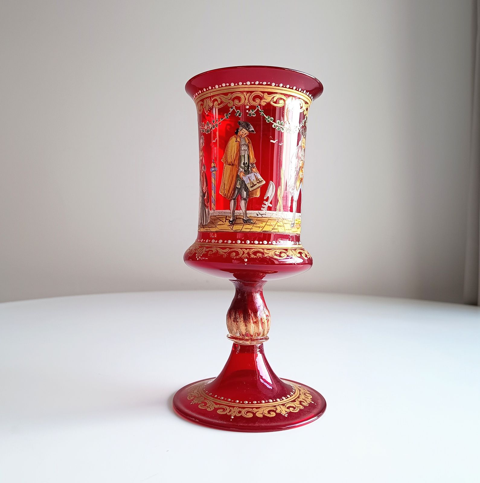 Venetian Ruby Chalice Goblet Vase, Hand Painted Comedia Del Arte, Salviati Style, Murano Art Glass