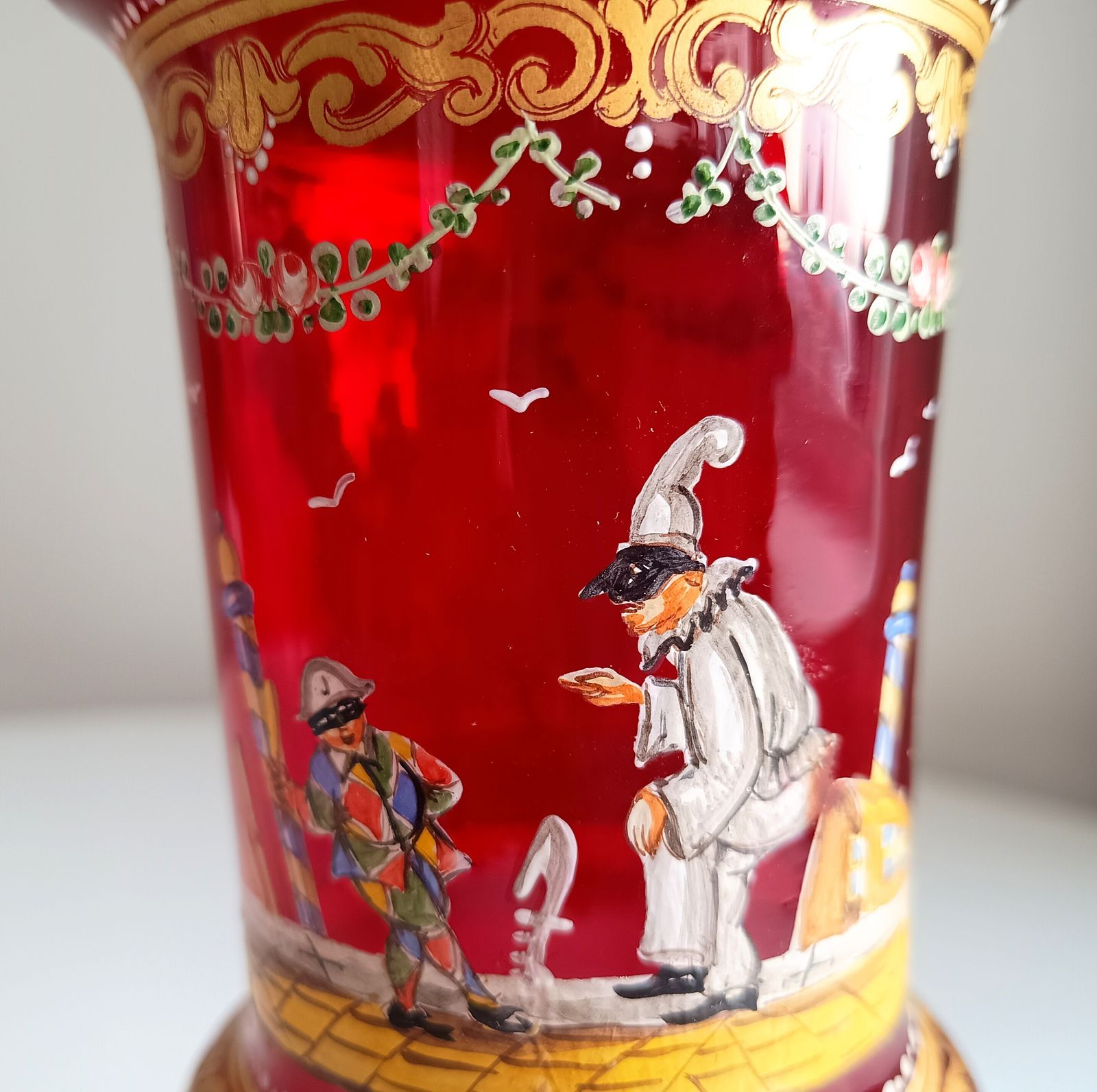 275.0 Venetian Ruby Chalice Goblet Vase, Hand Painted Comedia Del Arte, Salviati Style, Murano Art Glass photo