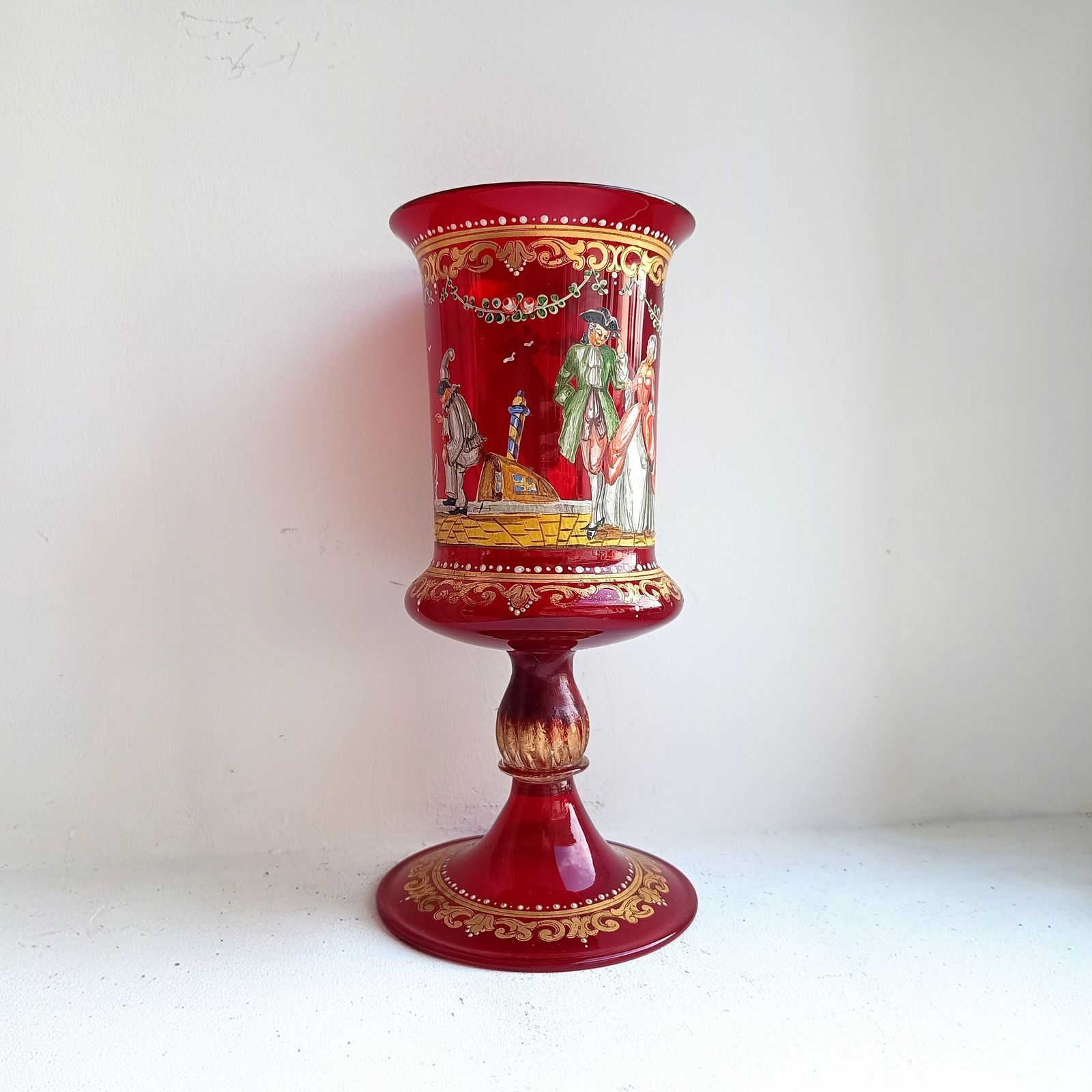 photo vinterior Venetian Ruby Chalice Goblet Vase, Hand Painted Comedia Del Arte, Salviati Style, Murano Art Glass
