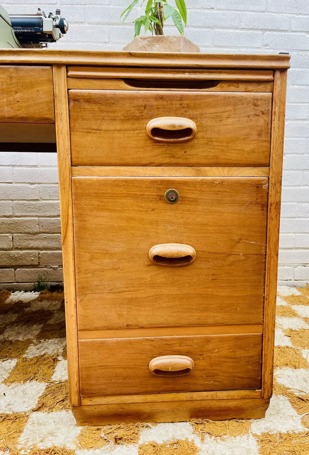Mid Century, Solid Oak Swiss Directors Desk With Locking Drawers And Set Of Keys photo buy