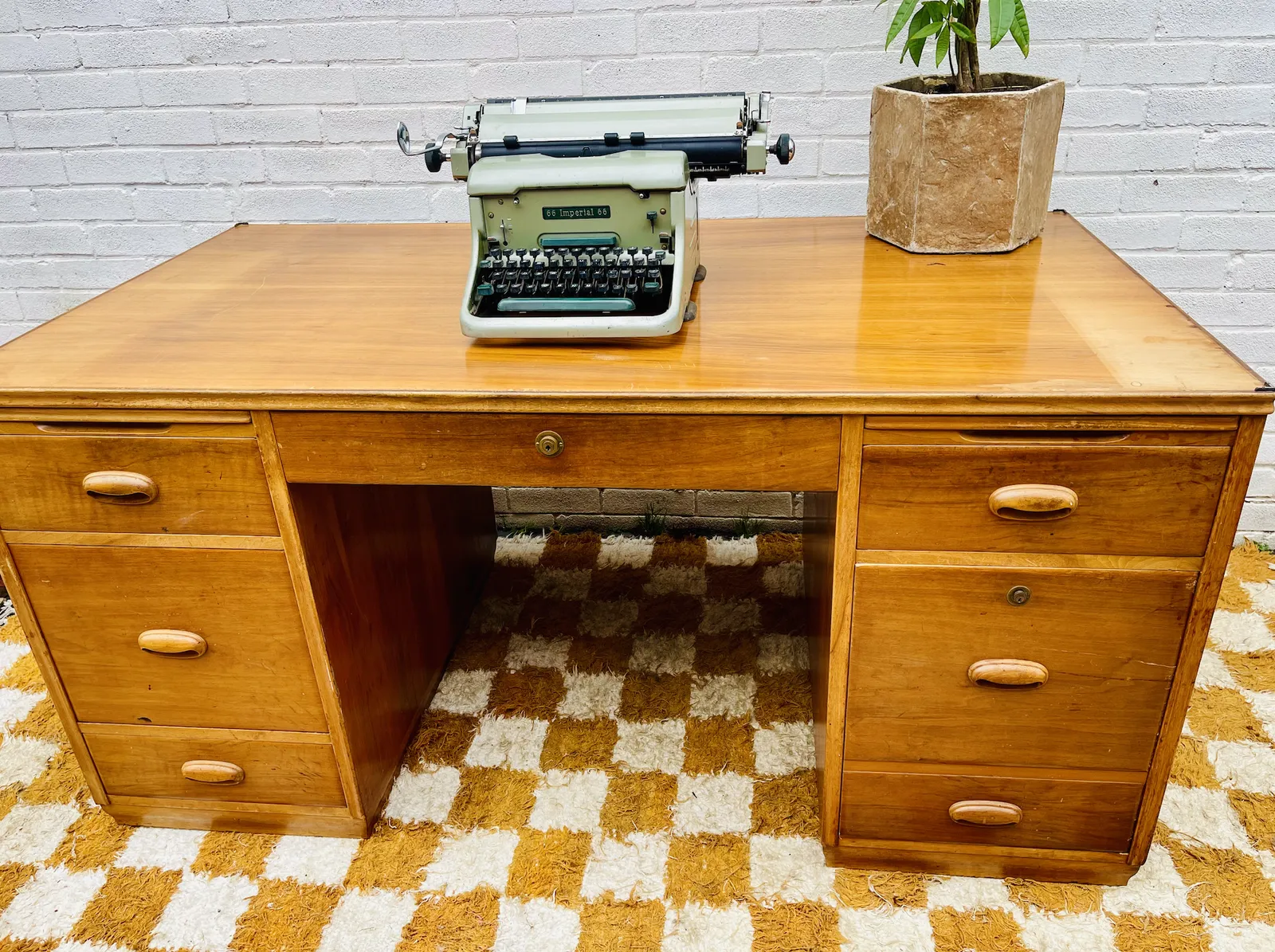 photo for sale Mid Century, Solid Oak Swiss Directors Desk With Locking Drawers And Set Of Keys