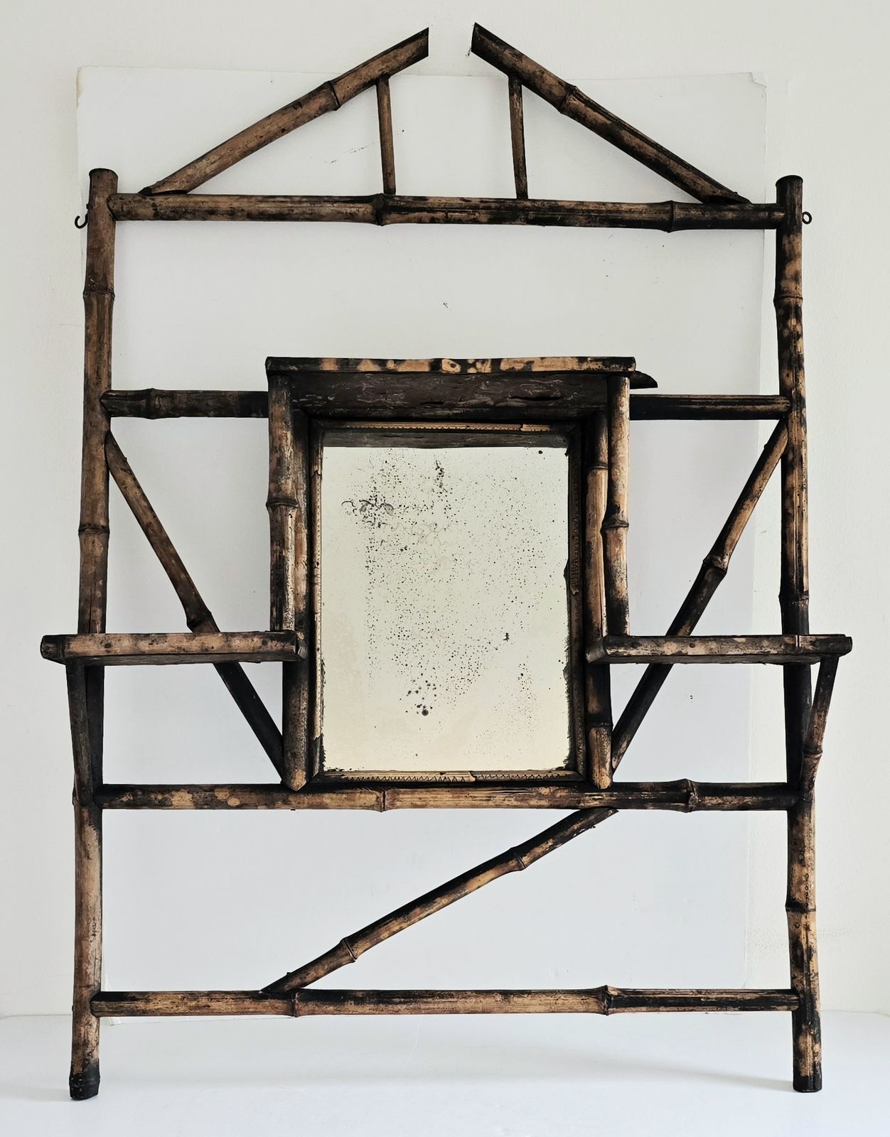 Antique Chinoiserie Bamboo Mantle Mirror With Shelves, Foxed Glass. photo furniture