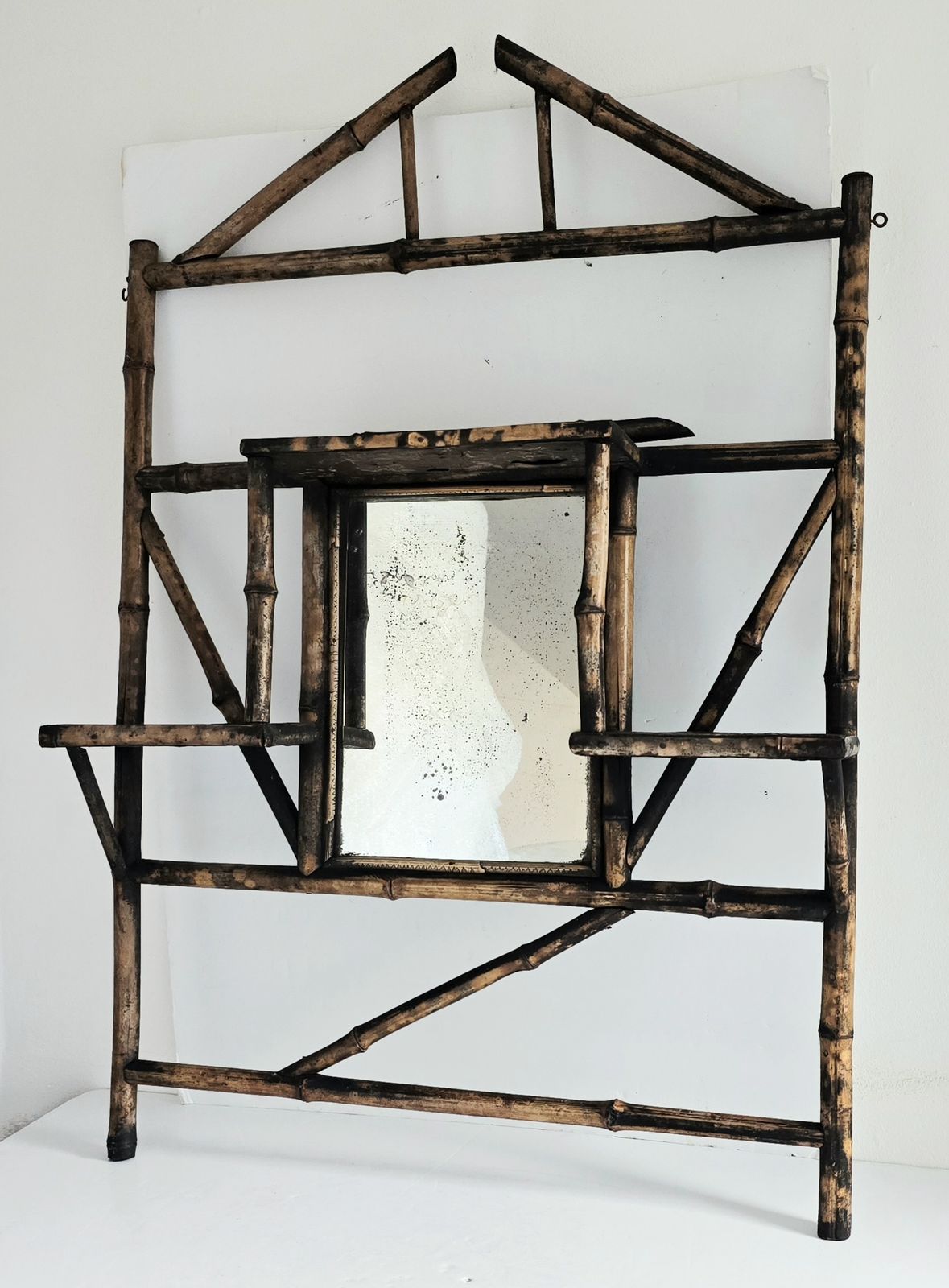 Antique Chinoiserie Bamboo Mantle Mirror With Shelves, Foxed Glass.