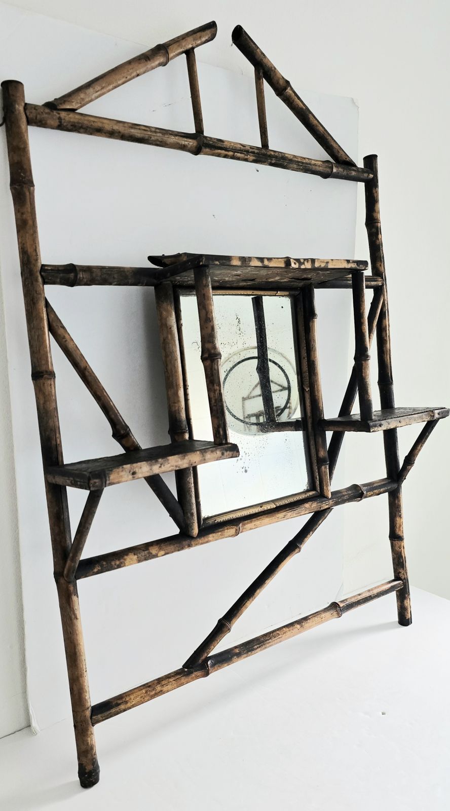 Antique Chinoiserie Bamboo Mantle Mirror With Shelves, Foxed Glass. photo Home Decor