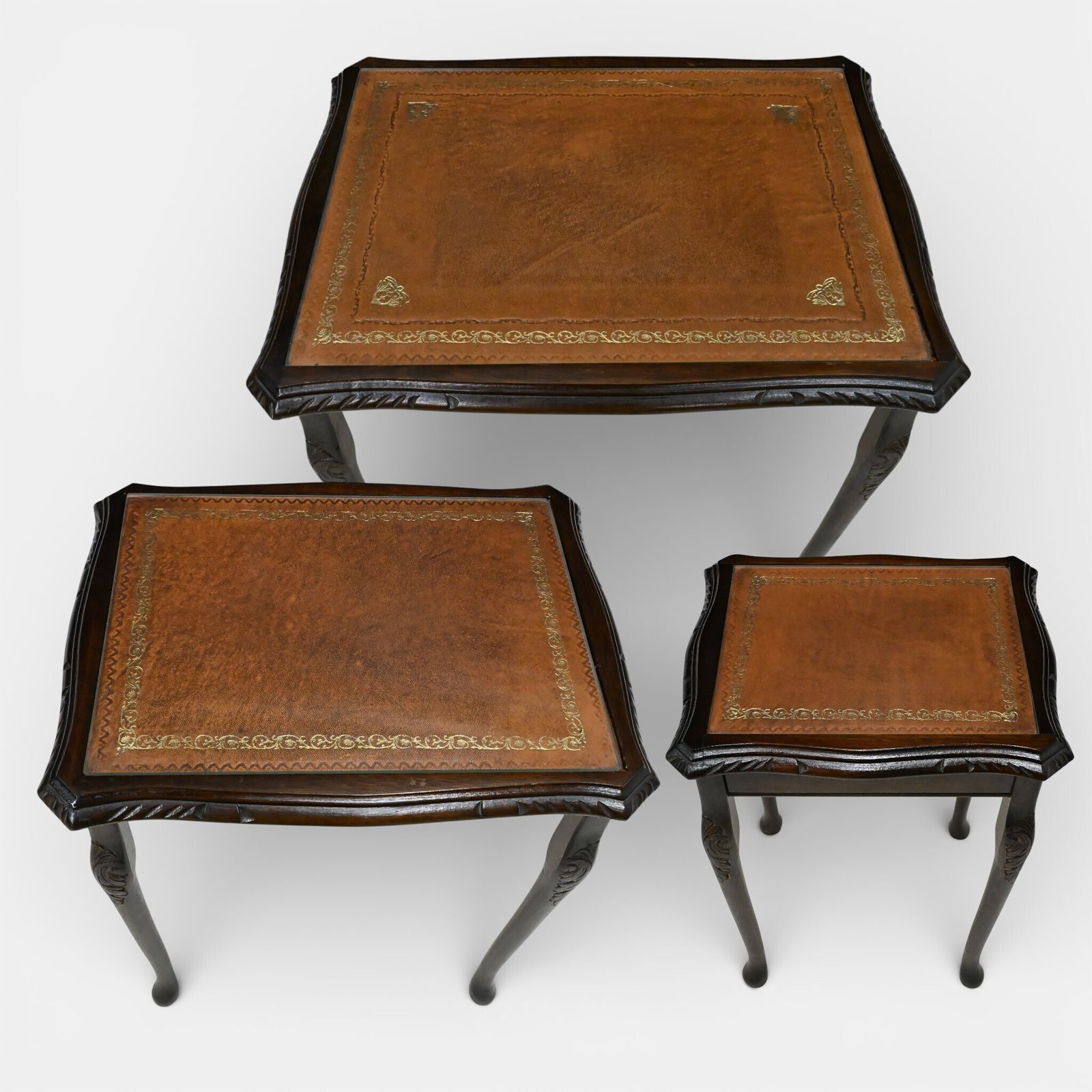 photo vinterior Tall Nest Of Tables Queen Anne Cabriole Legs Leather Glass Top Free Uk* Delivery