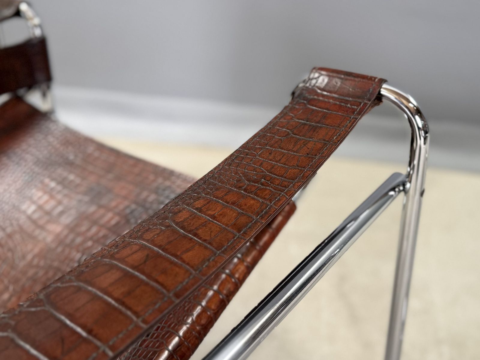 Crocodile Leather Wassily B3 Two 2 Lounge Chair. By Marcel Breuer. Brown Tan Mahogany Leather And Chrome Bauhaus Lounge Club Accent Chair Pair photo vinterior