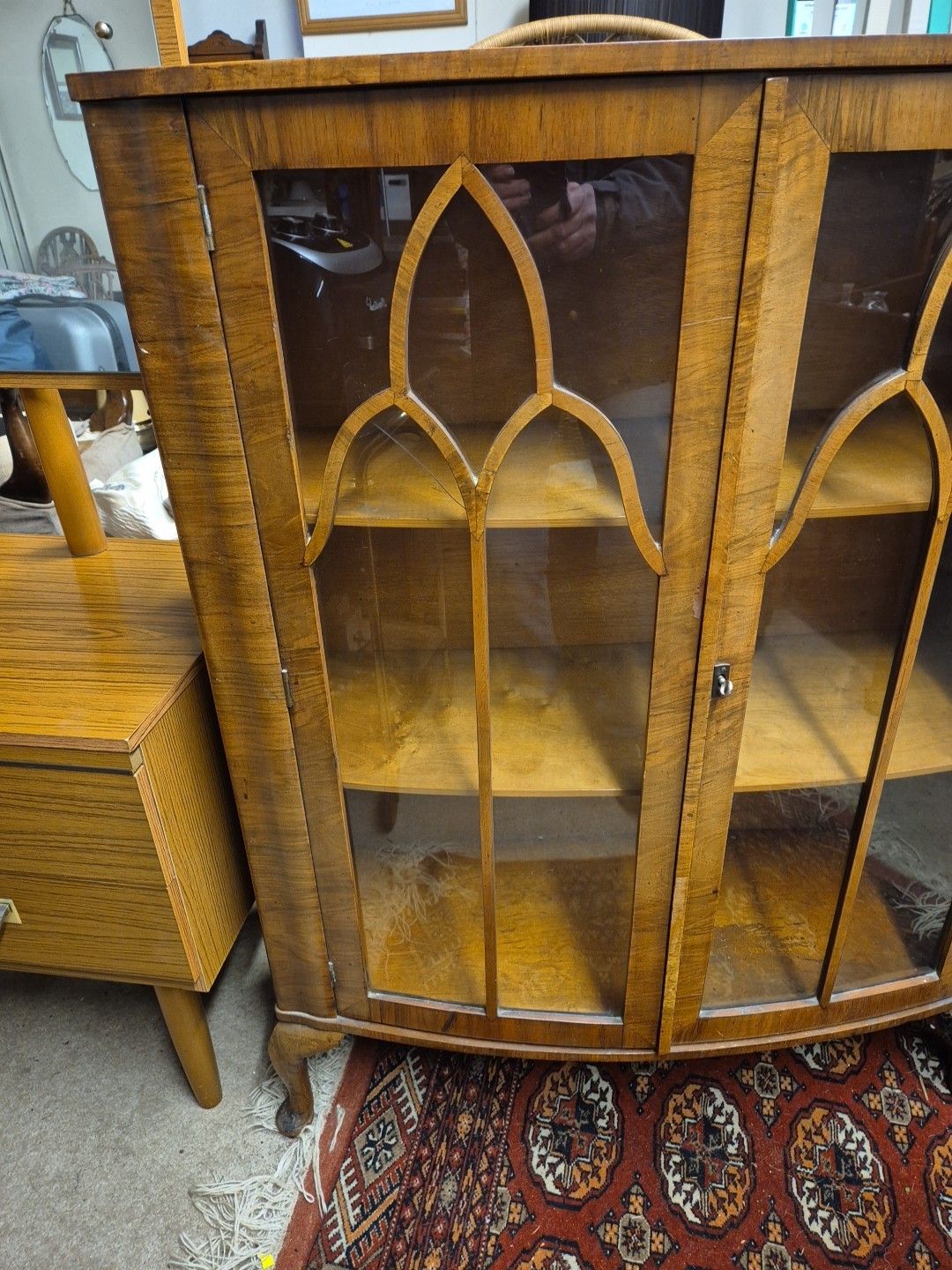 Beautiful 2 Door Antique Display Cabinet With Key, On Cabrio Legs photo furniture