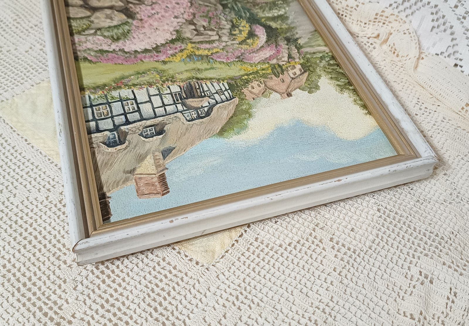 photo furniture 1970 Oil Painting Tudor Cottages Garden In Bloom Signed Margaret Murray.