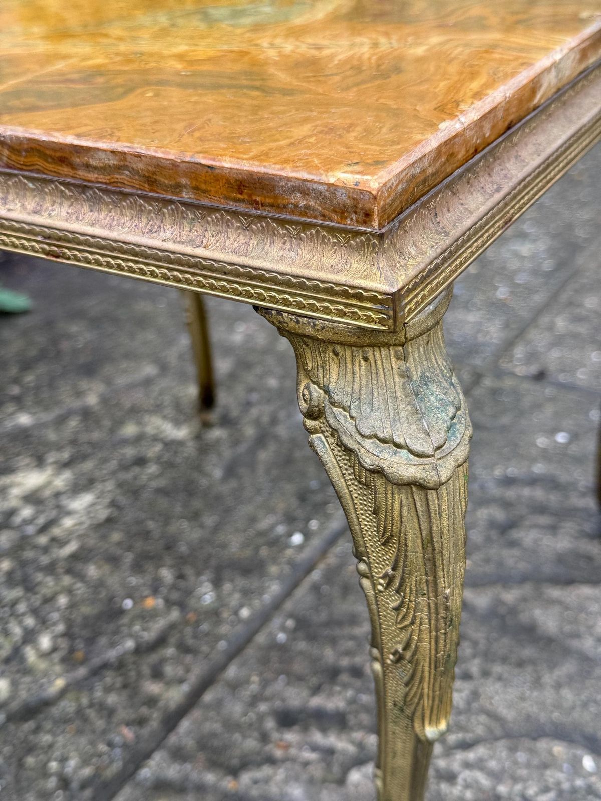 Authentic Retro Brass Detailed Side Table With Marble Onyx Top Retro Neoclassical Style photo vintage
