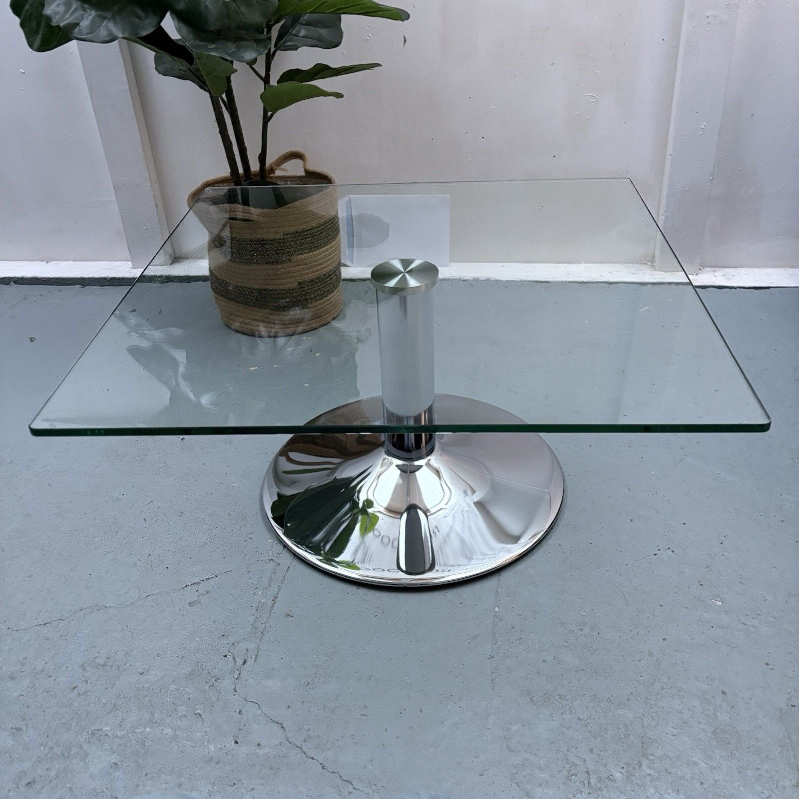 Contemporary Square Glass Top Chrome Trumpet Knee Coffee Table photo furniture