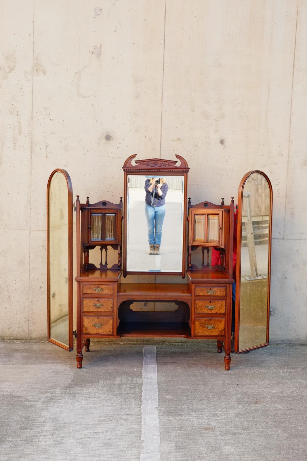 Exceptional Large Gothic English Victorian Burr Walnut Dressing Table Vanity photo furniture