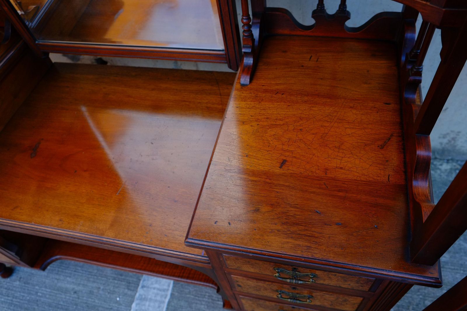 photo for sale Exceptional Large Gothic English Victorian Burr Walnut Dressing Table Vanity