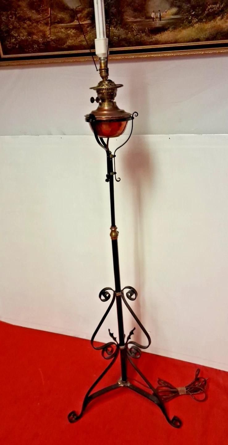 Antique Arts And Crafts Iron And Copper Floor Oil Lamp Converted To Electric