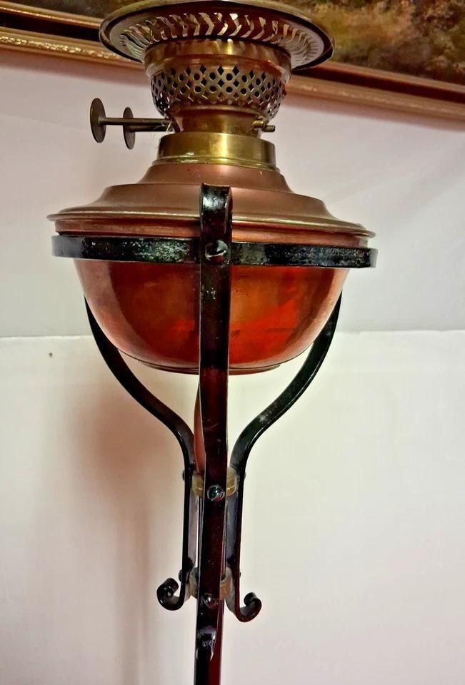 Antique Arts And Crafts Iron And Copper Floor Oil Lamp Converted To Electric photo vinterior