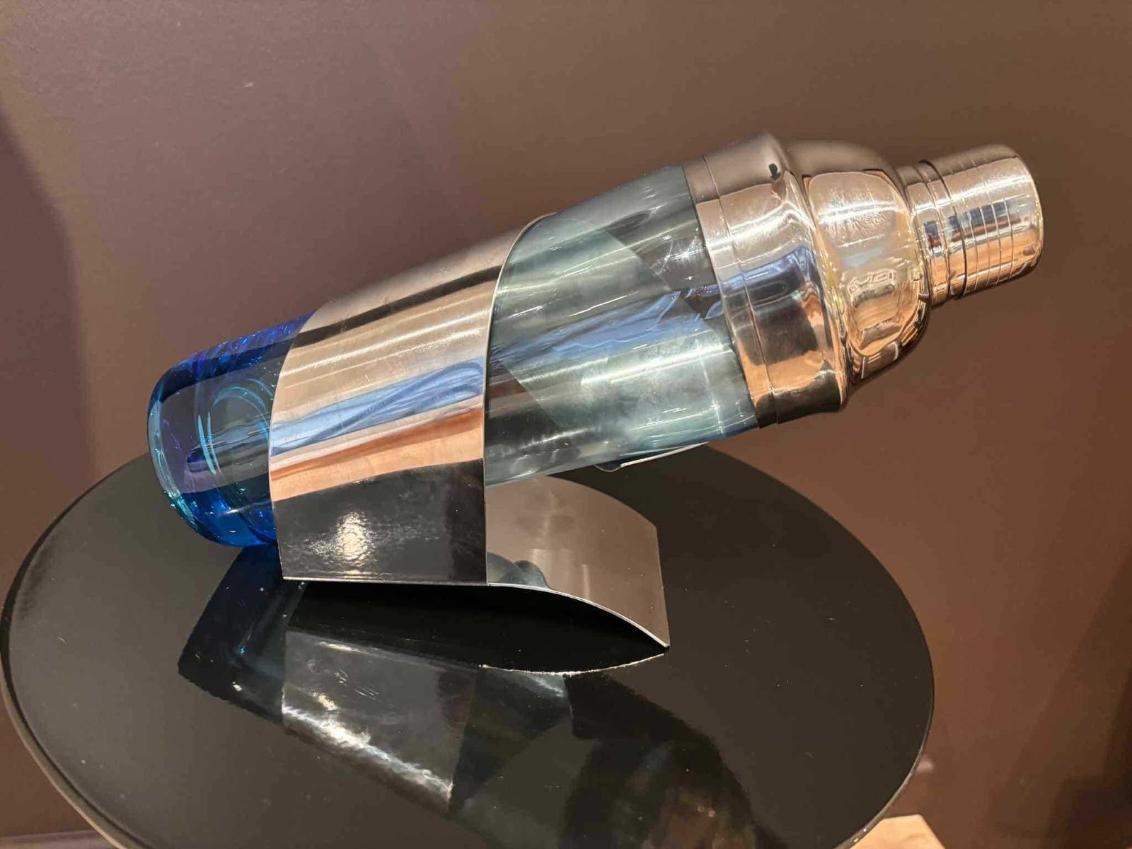 photo for sale Vintage Blue Glass Cocktail Shaker With Stainless Steel Holder, Modernist Bar Decor