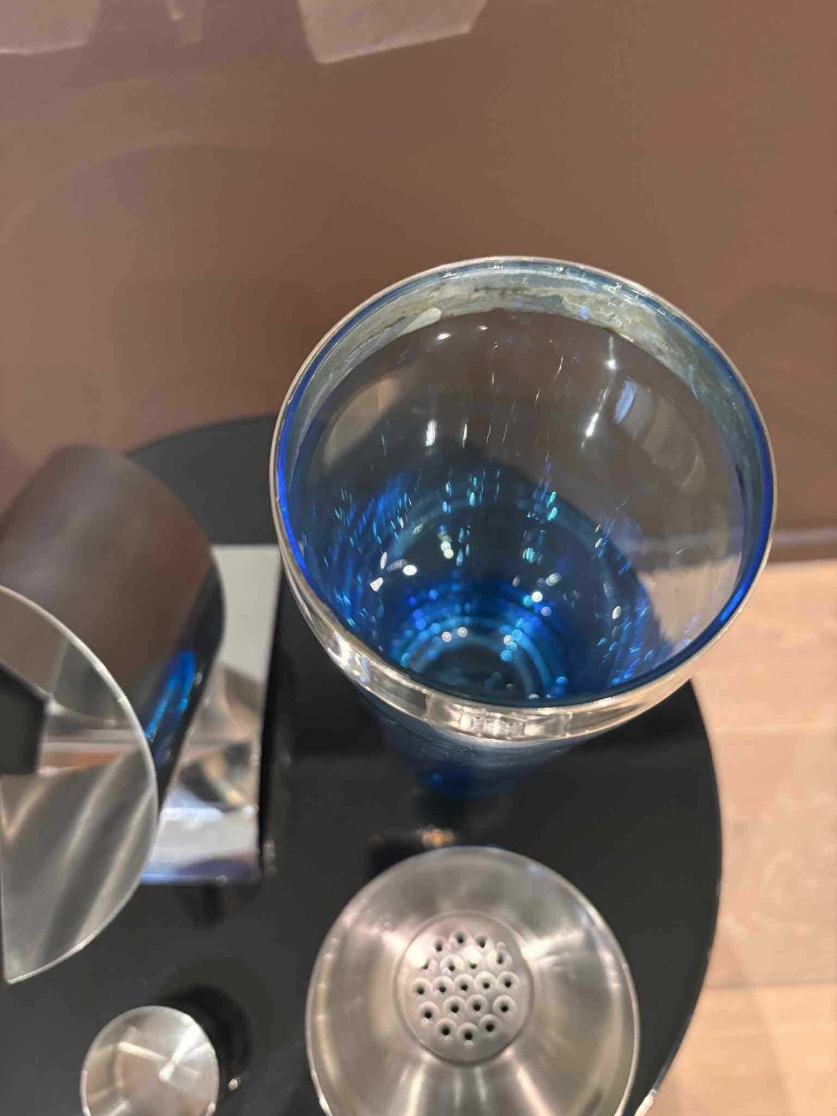 photo buy Vintage Blue Glass Cocktail Shaker With Stainless Steel Holder, Modernist Bar Decor