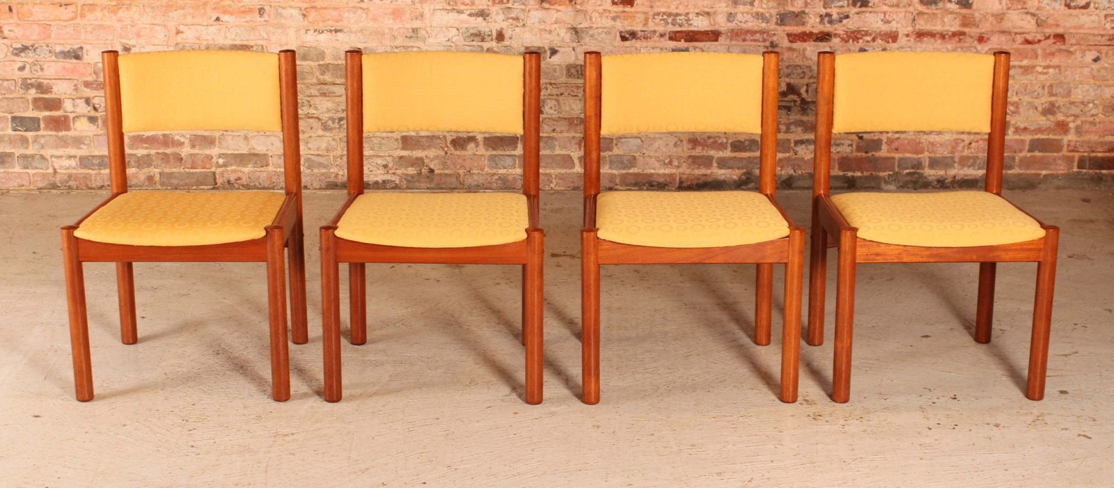 Set Of 4 Danish Mid Century Teak Dining Chairs With Yellow Fabric Upholstery, Circa 1970s photo furniture