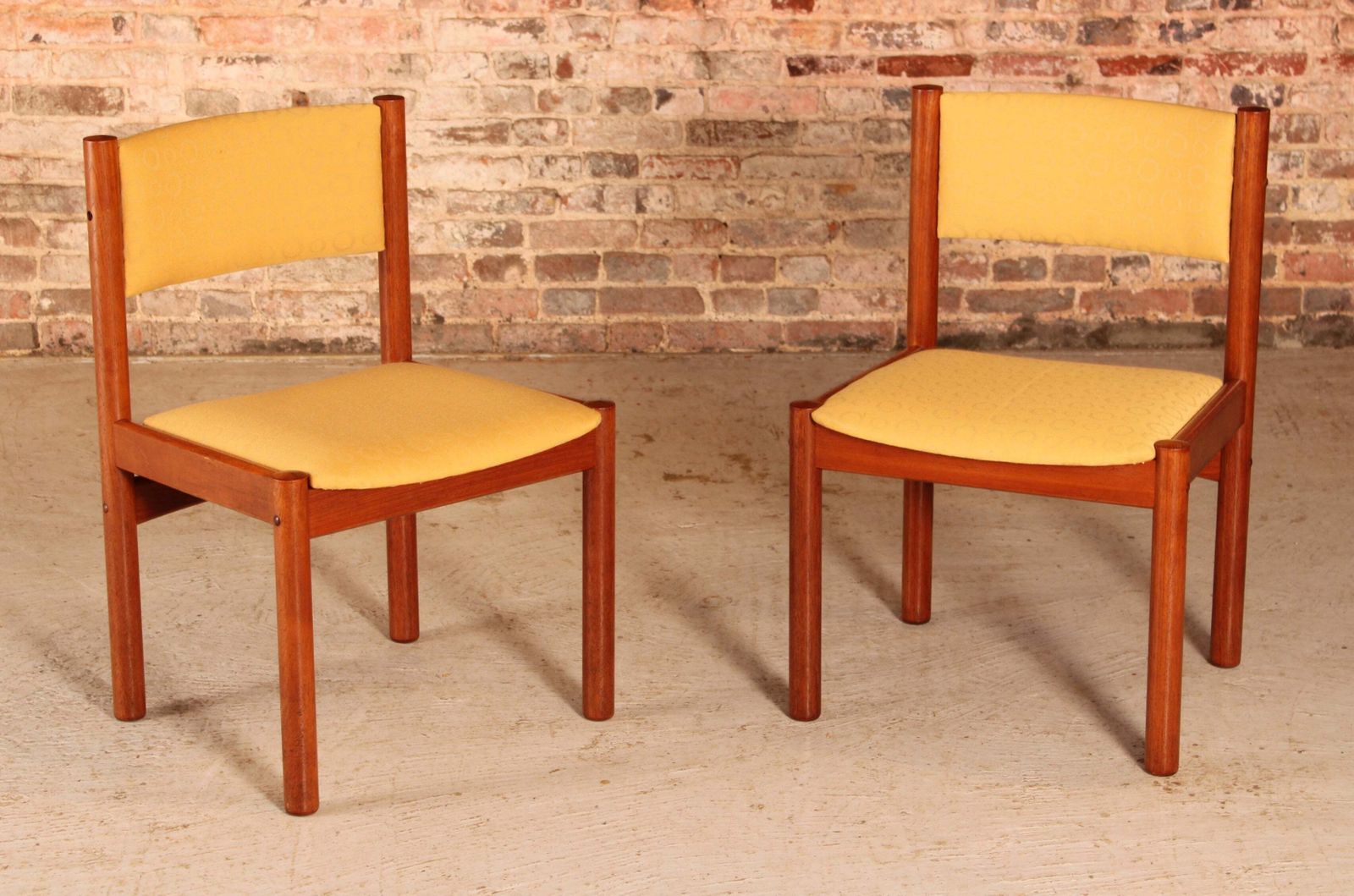 Set Of 4 Danish Mid Century Teak Dining Chairs With Yellow Fabric Upholstery, Circa 1970s photo for sale