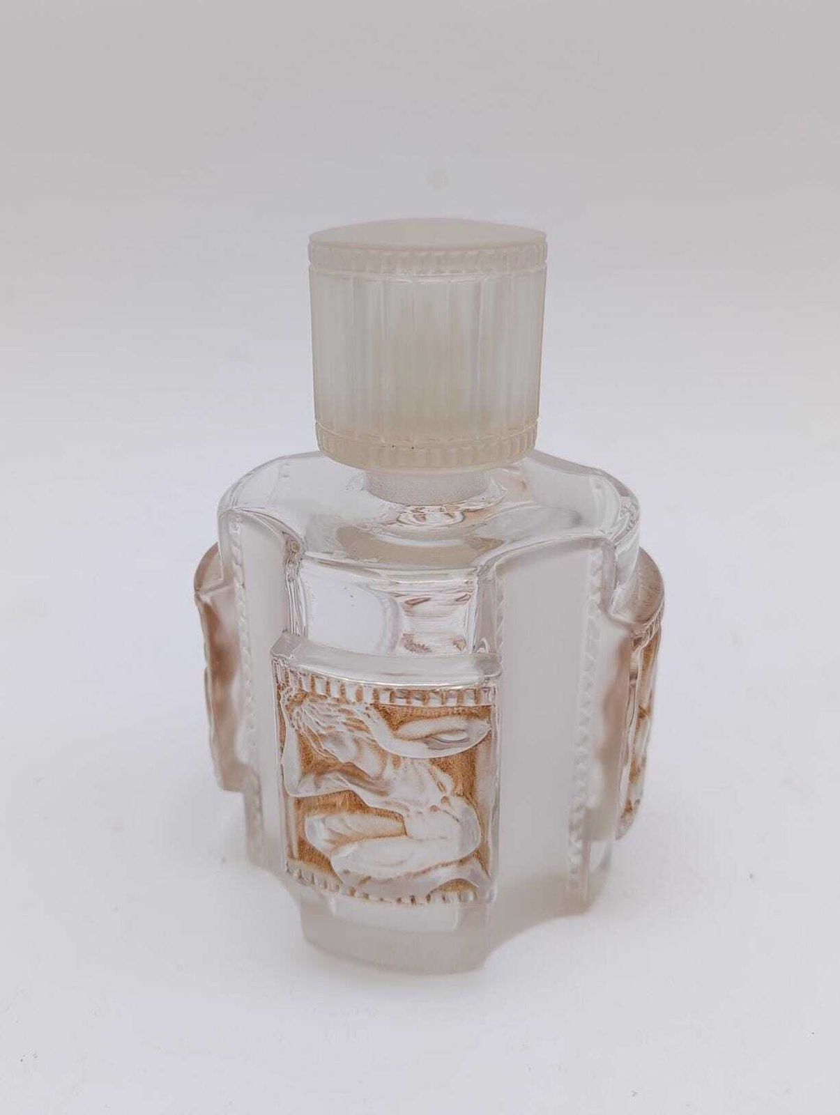 Helene Lalique Perfume Bottle, Vintage 1940s Glass Bottle, 634 Sepia Staining photo furniture