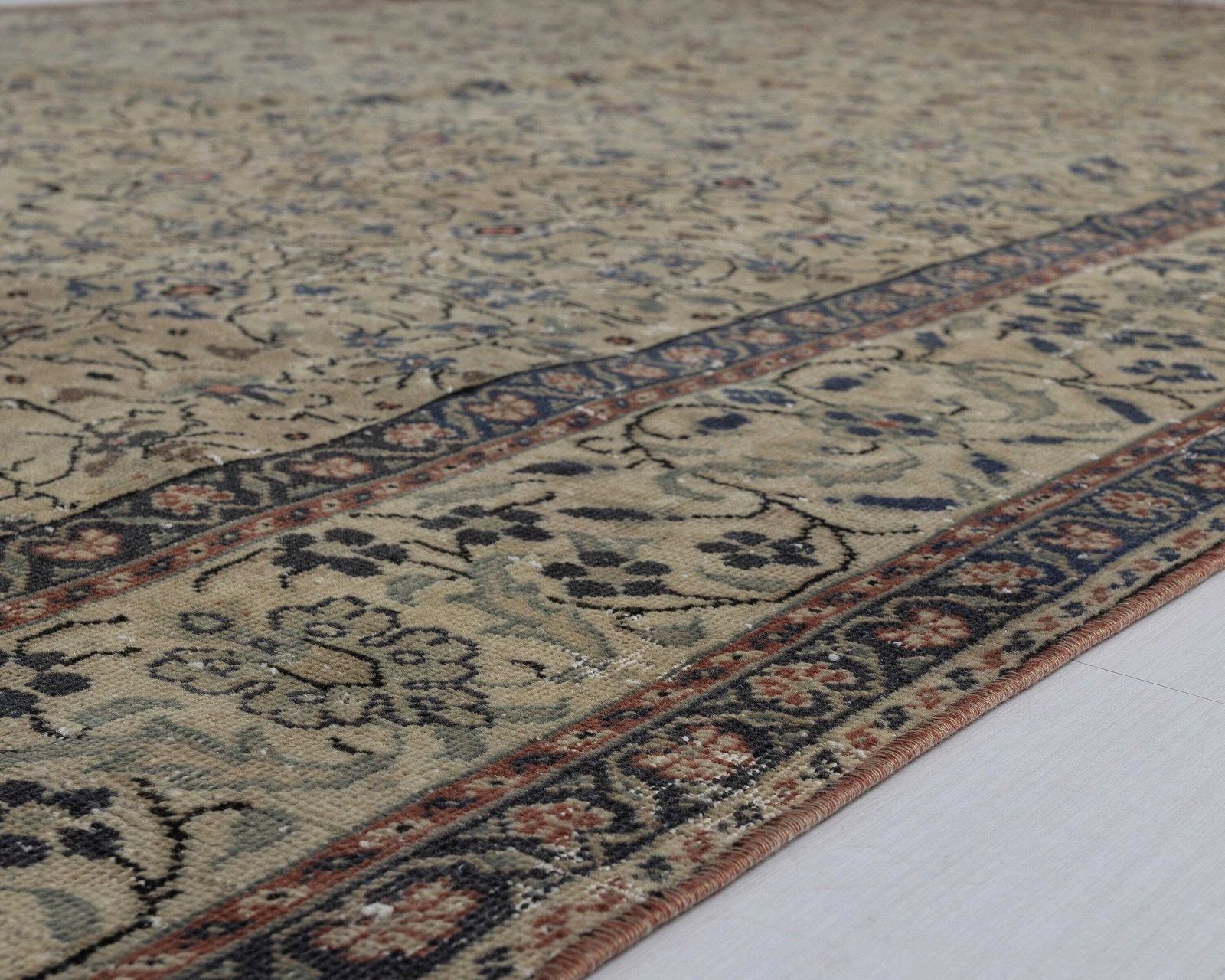 7x9 Vintage Rug, Turkish Rug Low Pile Beige Floral Boho Traditional Handwoven Wool, photo for sale