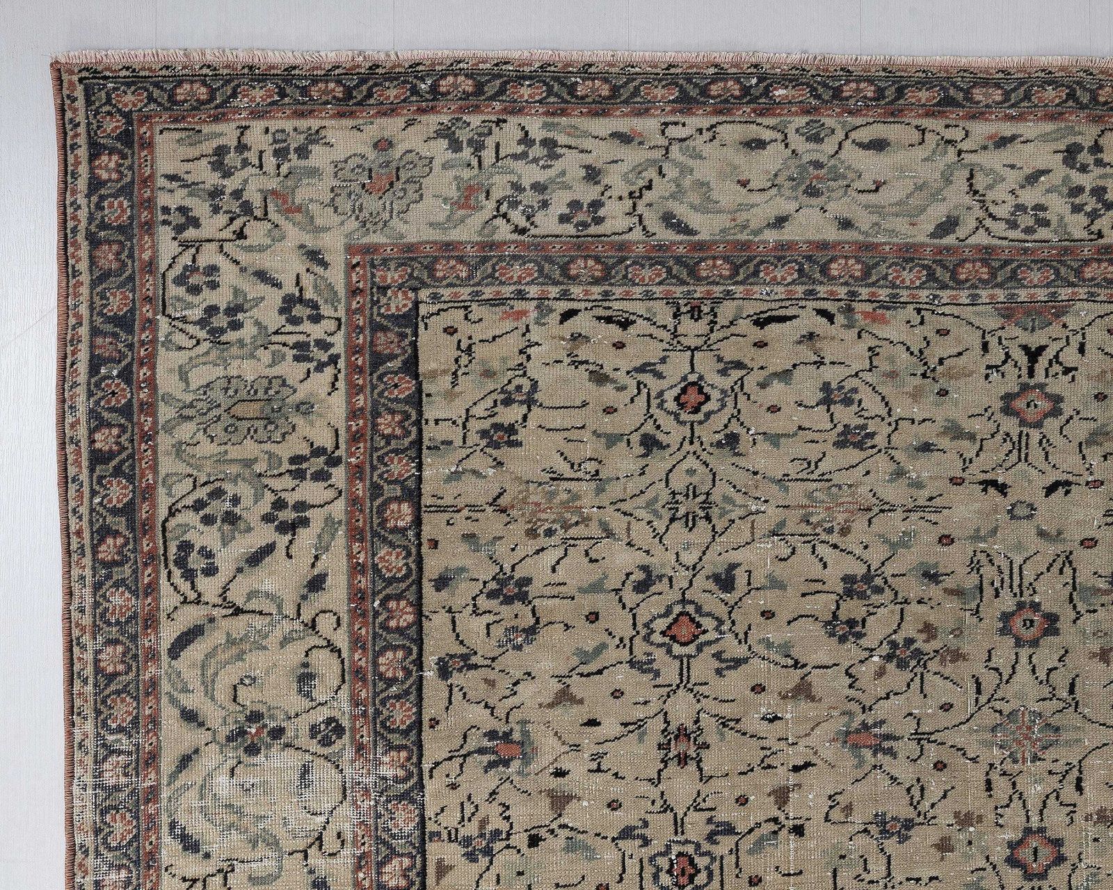 photo furniture 7x9 Vintage Rug, Turkish Rug Low Pile Beige Floral Boho Traditional Handwoven Wool,