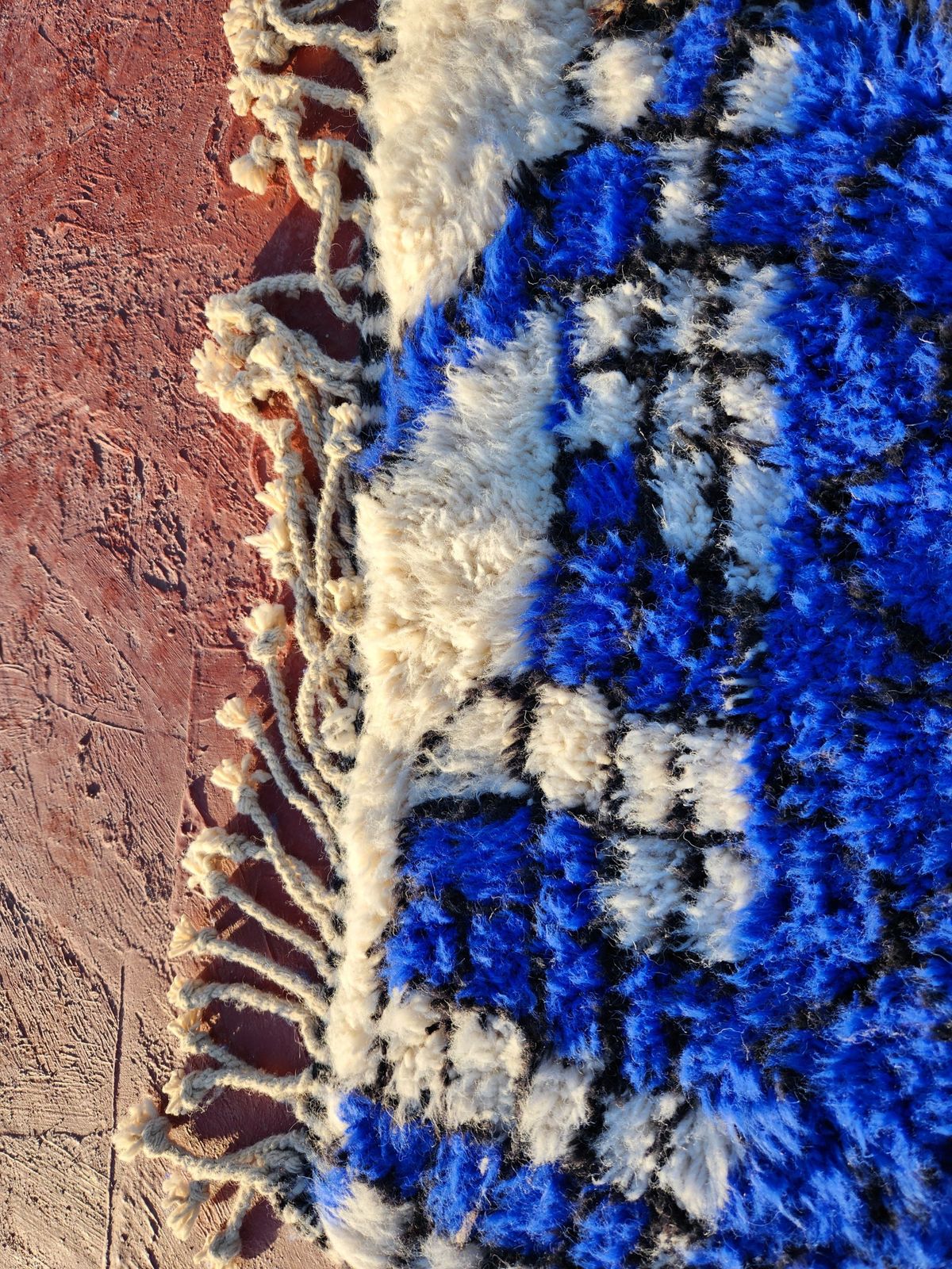 Abstract Moroccan Beni Ourain Rug   300x200cm   Blue, Brown & Orange Wool photo for sale