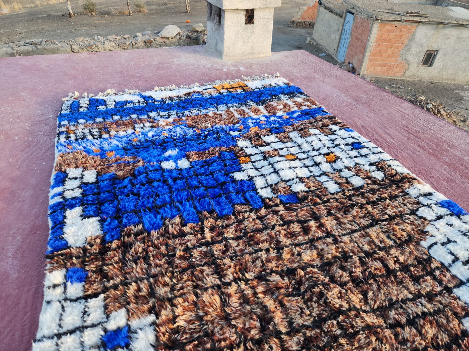 Abstract Moroccan Beni Ourain Rug   300x200cm   Blue, Brown & Orange Wool photo buy