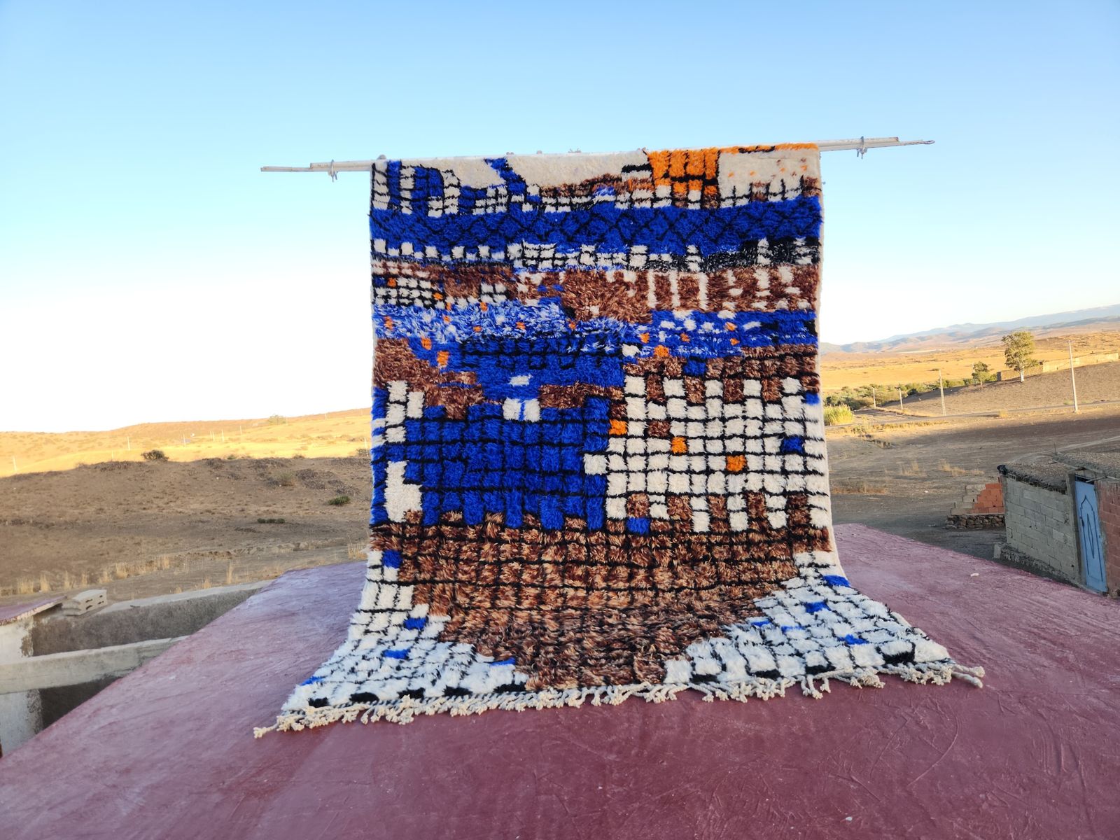 Abstract Moroccan Beni Ourain Rug   300x200cm   Blue, Brown & Orange Wool