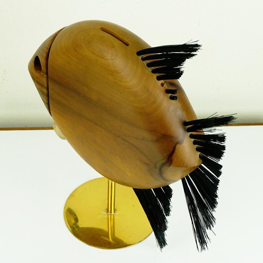Austrian Midcentury Walnut And Brass Fish Shaped Money Box By Carl Auböck photo vintage