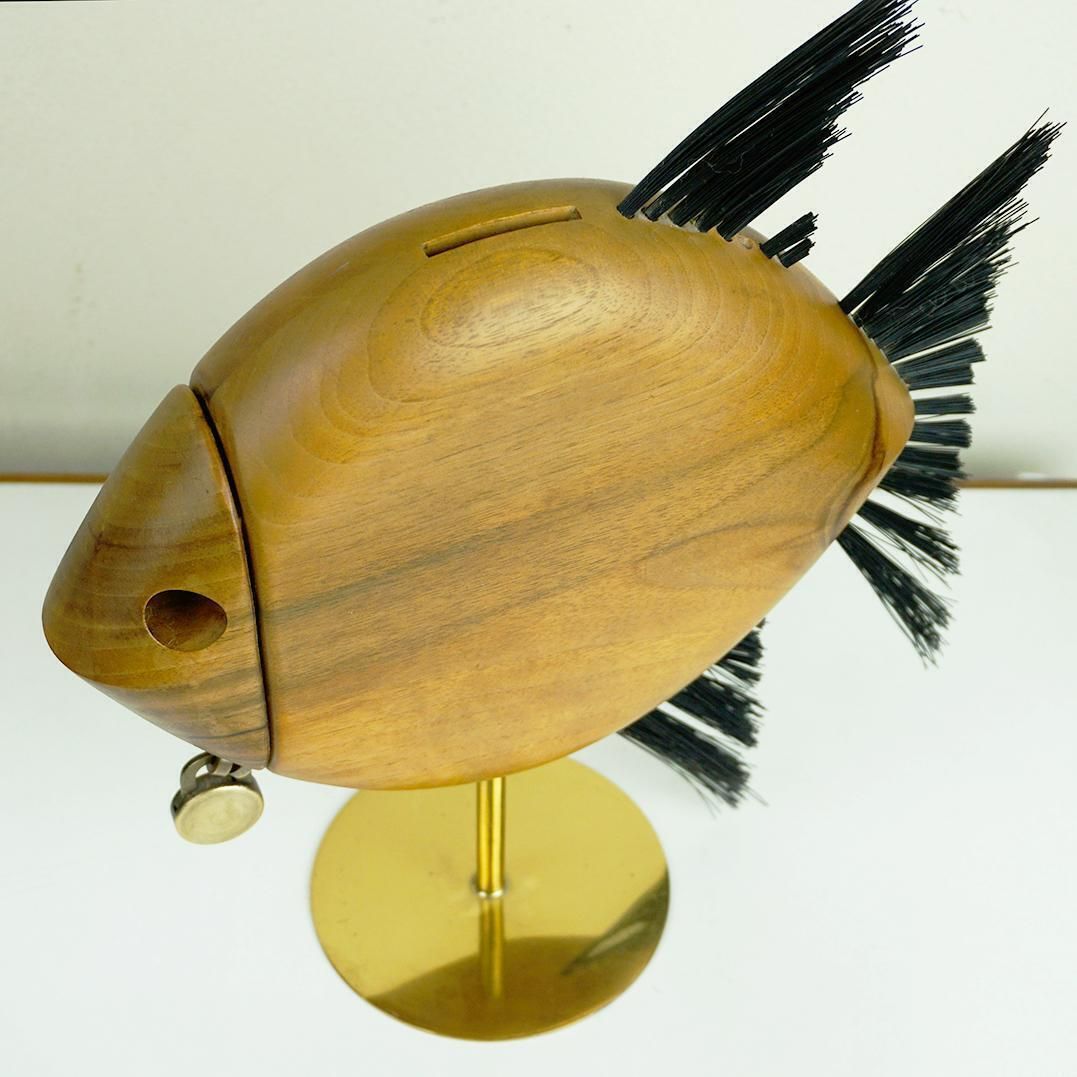 photo buy Austrian Midcentury Walnut And Brass Fish Shaped Money Box By Carl Auböck