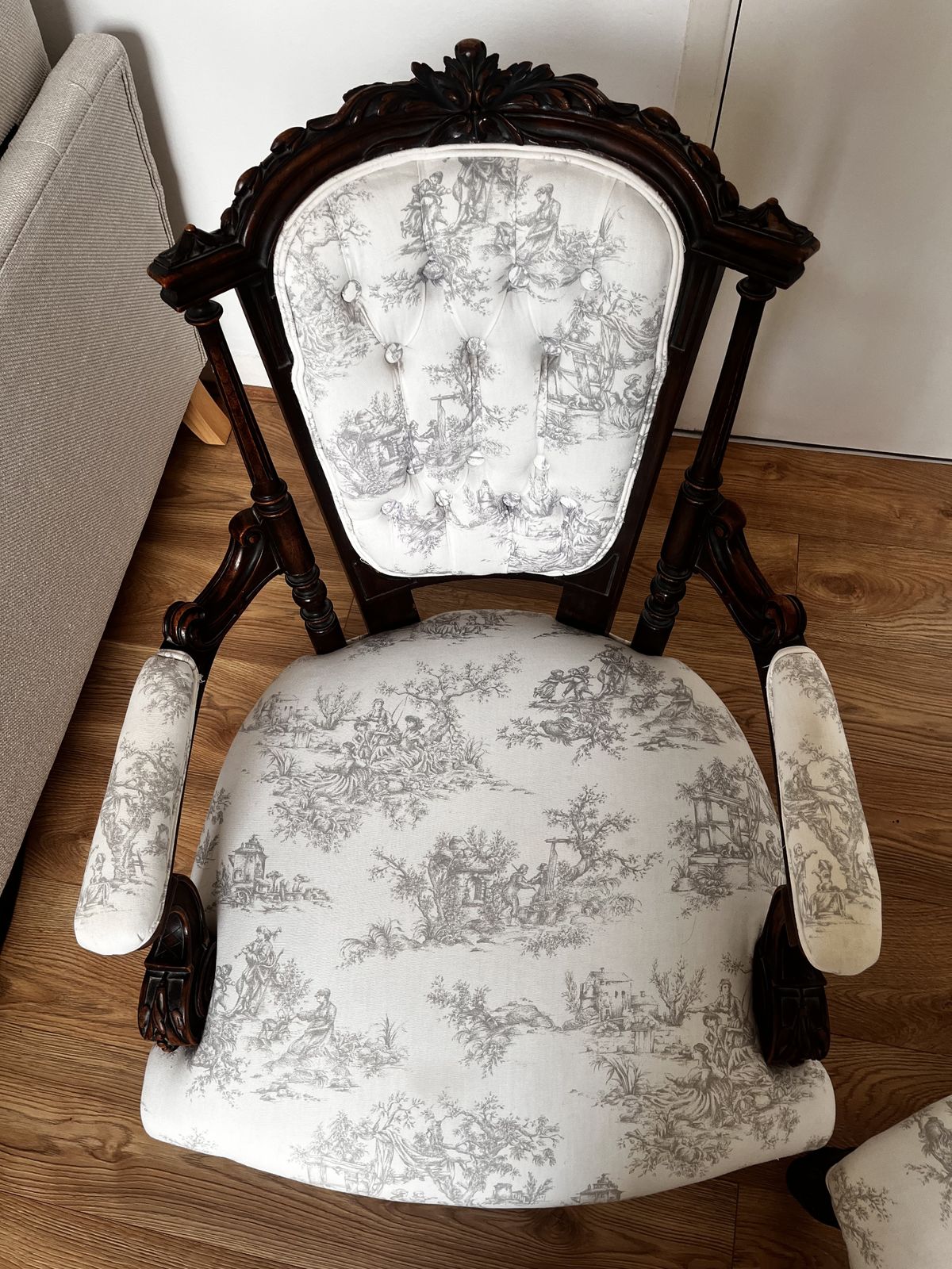 Vintage Carved Side Chair – Elegant Upholstered Accent Chair In Toile photo furniture