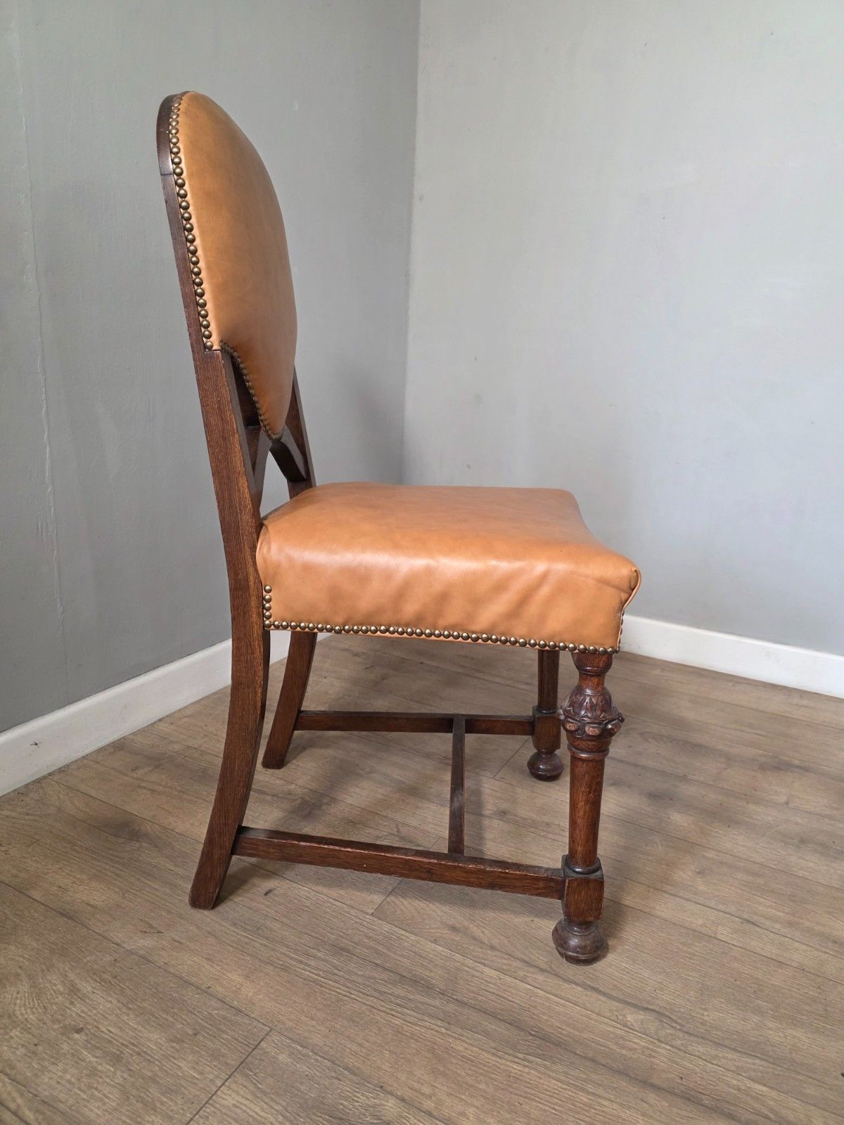 Furniture Set Of 8 Antique Oak And Leather Dining Chairs photo