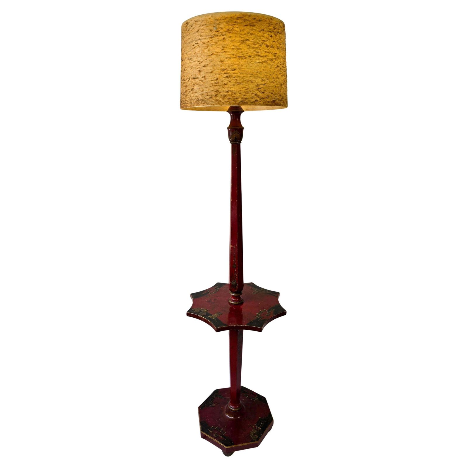 Striking Red Lacquered Chinoiserie Floor Lamp With Table, France, Ca. 1920–1940