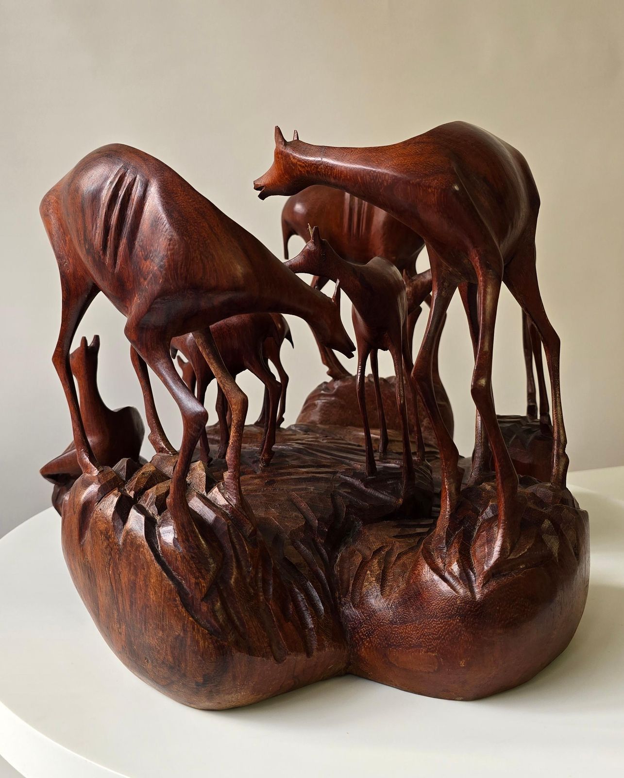 African Wooden Sculpture Of A Deer Family, Belgian Congo, 1950s photo vintage