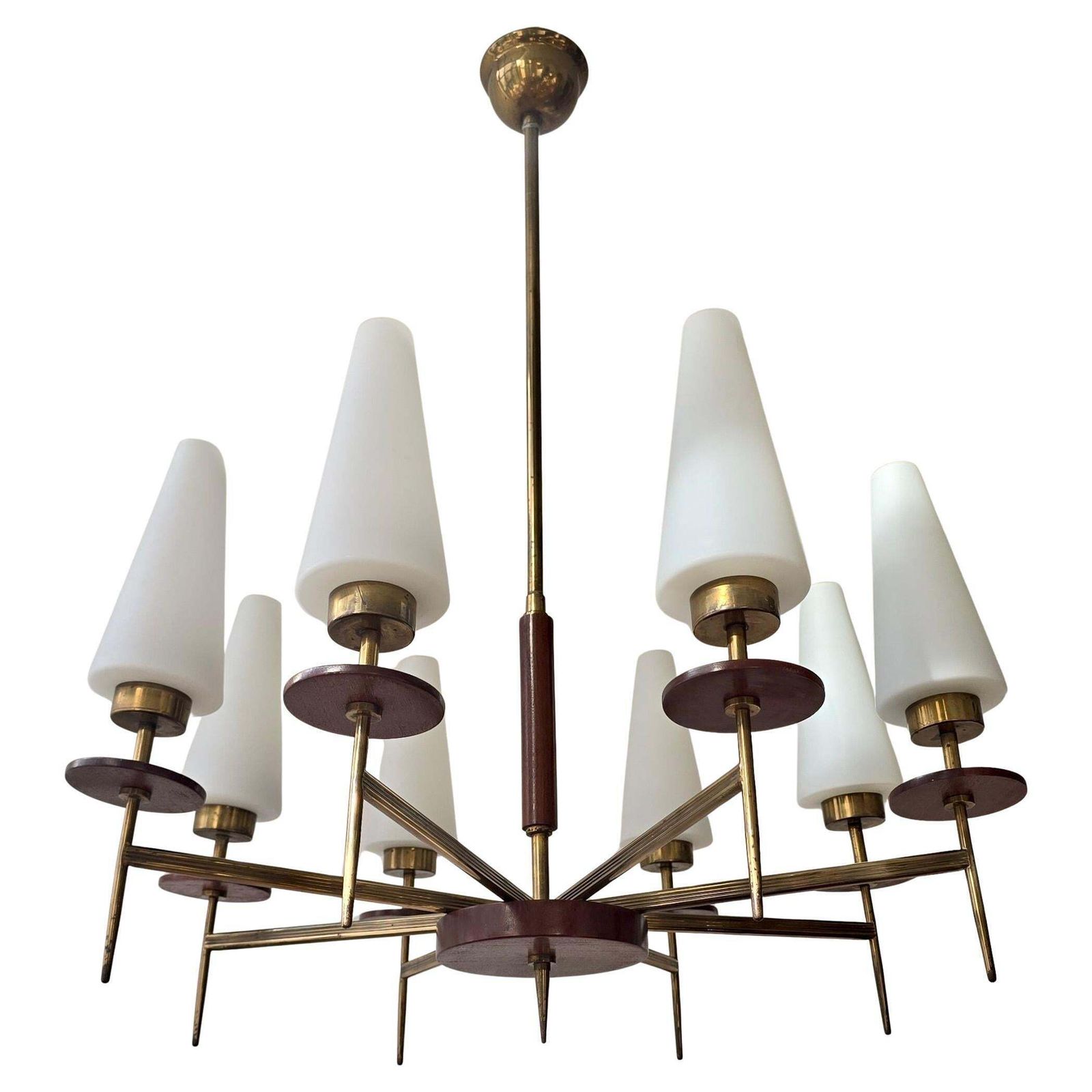 Mid Century Modern Brass, Wood And Opaline Glass Chandelier, 1950s, 8 Lights