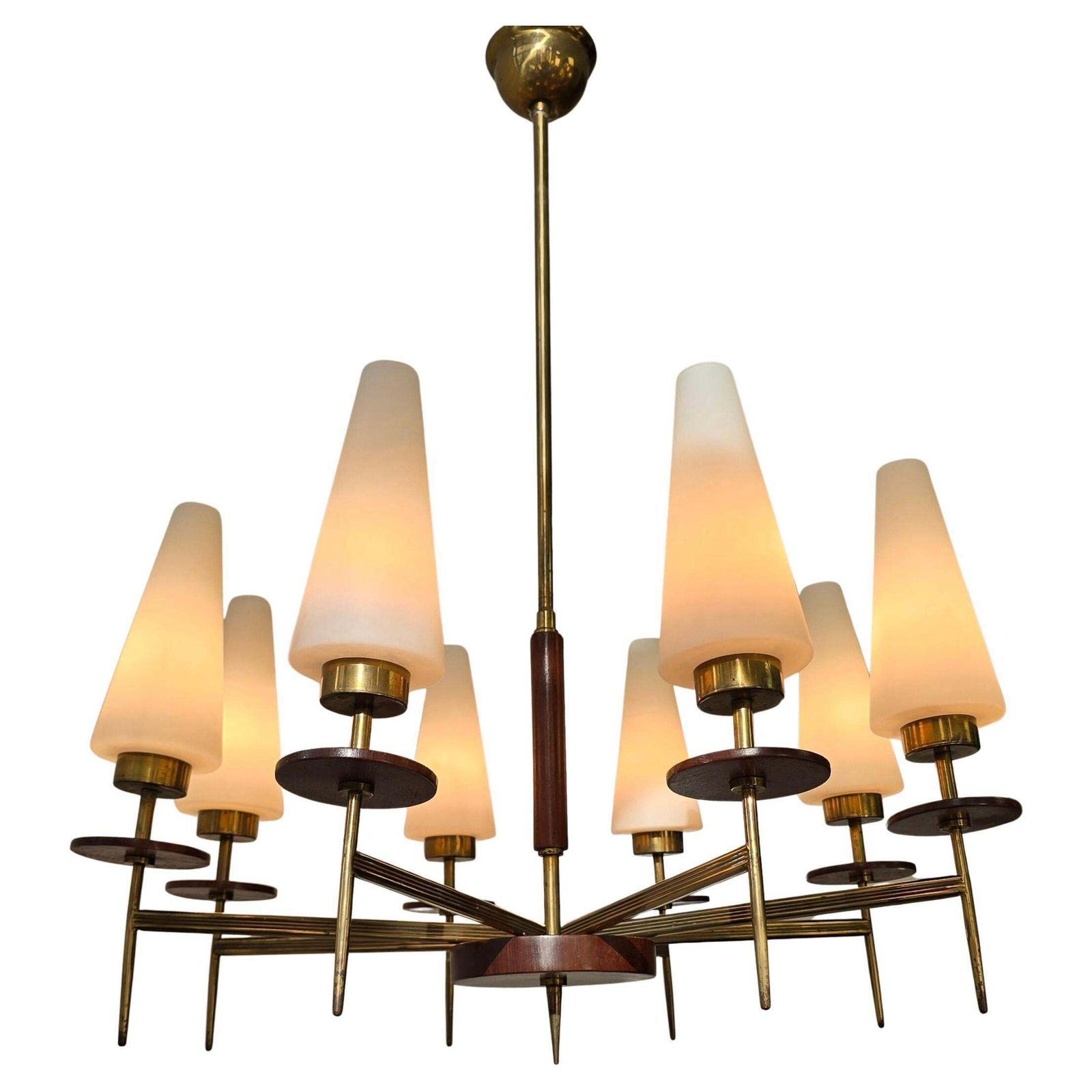 Mid Century Modern Brass, Wood And Opaline Glass Chandelier, 1950s, 8 Lights photo Lighting