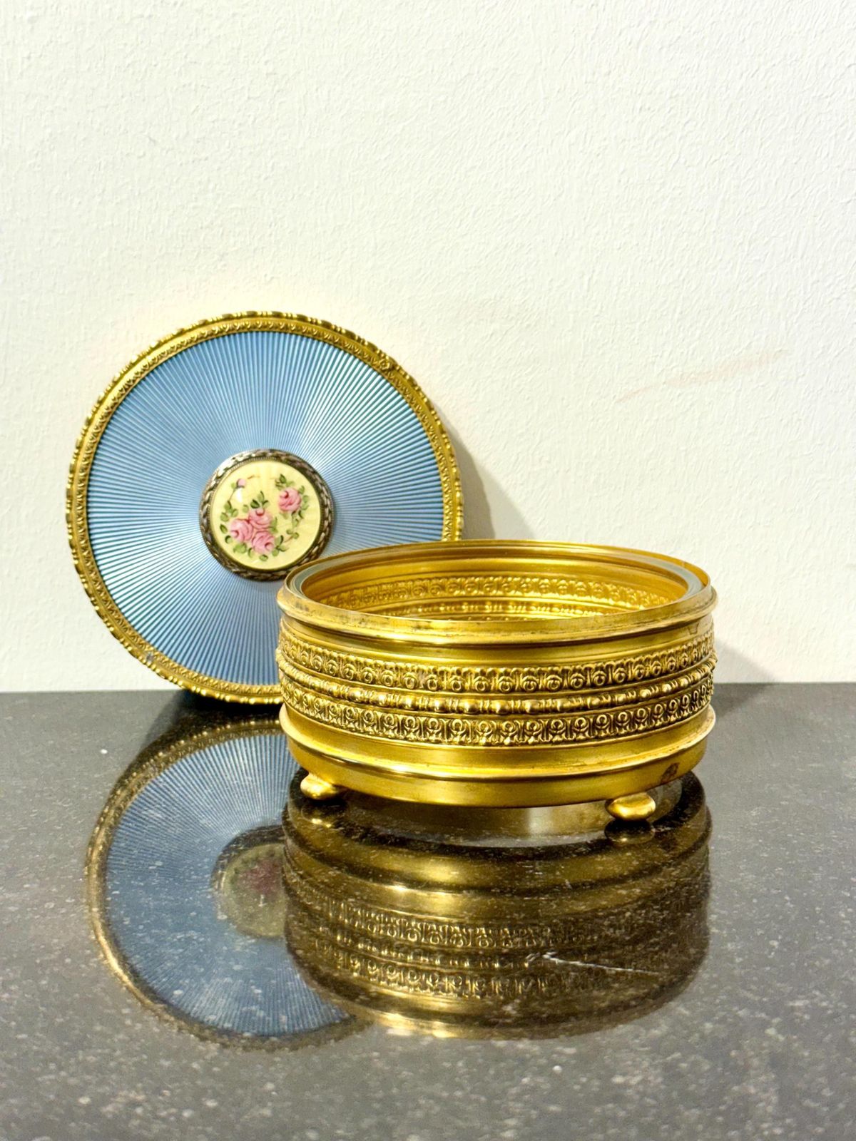 Gilded Metal & Guilloché Enamel Jewelry Box With Hand Painted Miniature photo buy