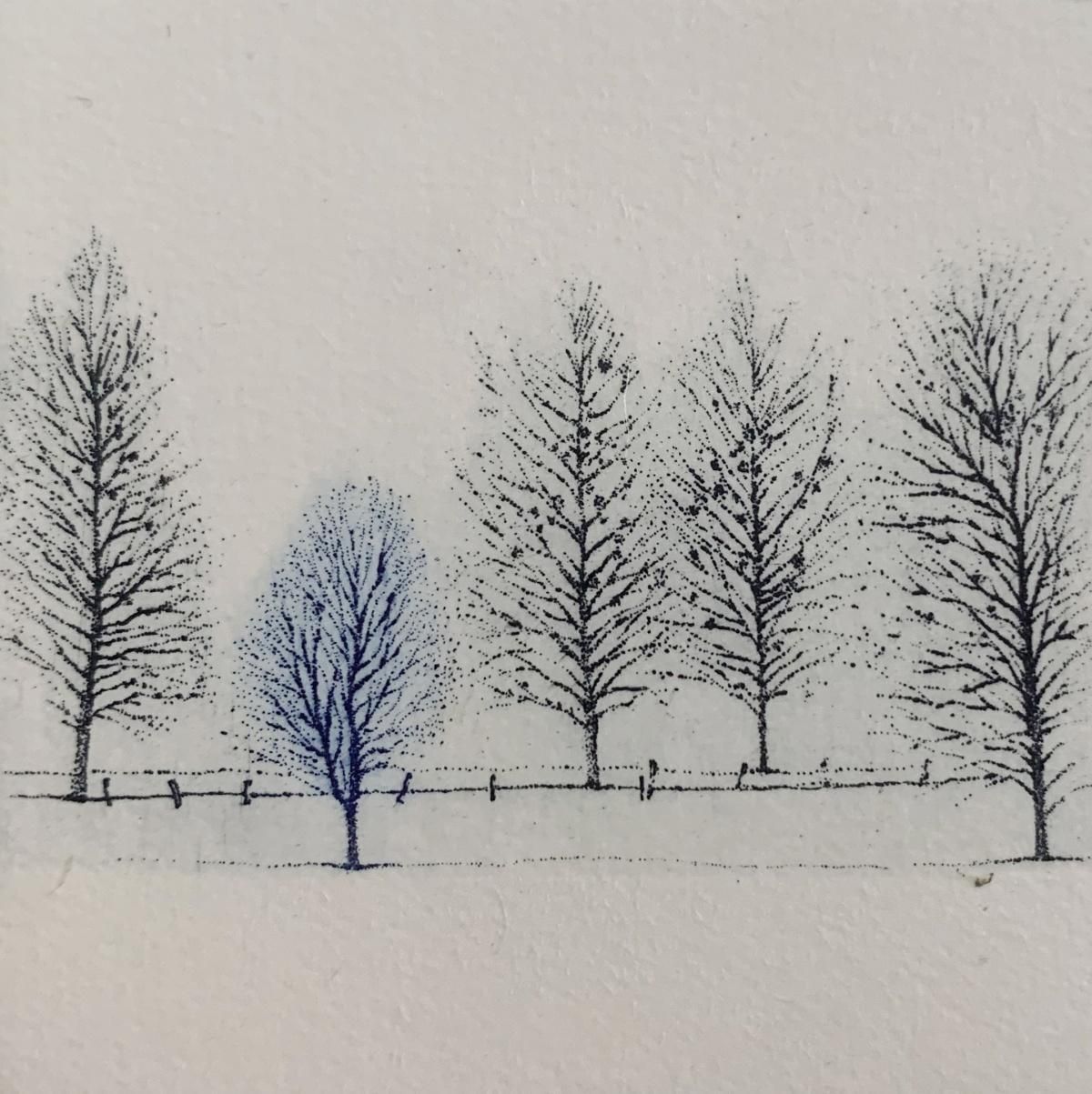 Elżbieta Bocianowska Rythm VIII, Landscape Figurative Print, Miniature, Trees, Polish Artist 2018