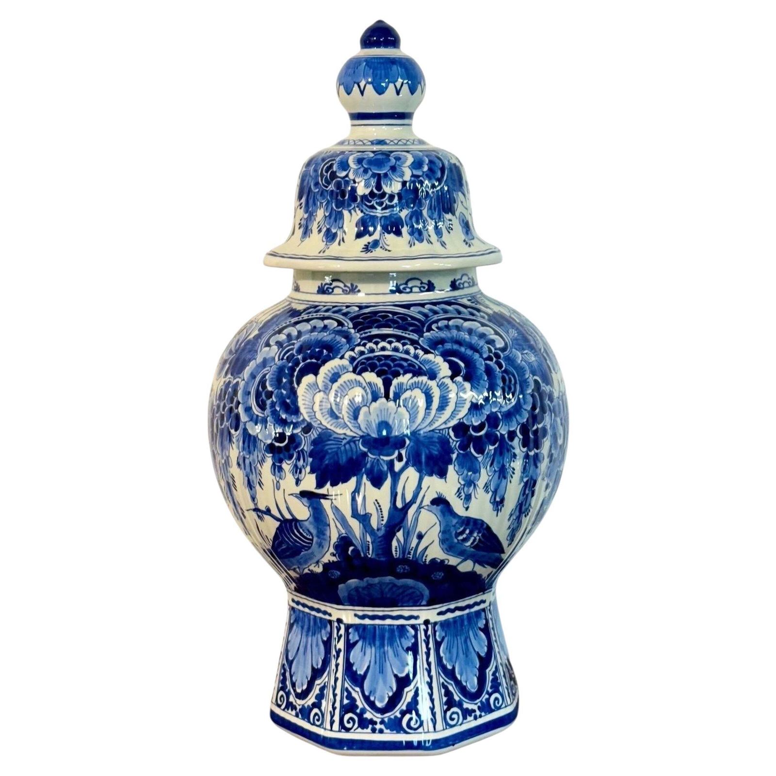 Large Blue And White Delft Lidded Vase With Birds And Flowers