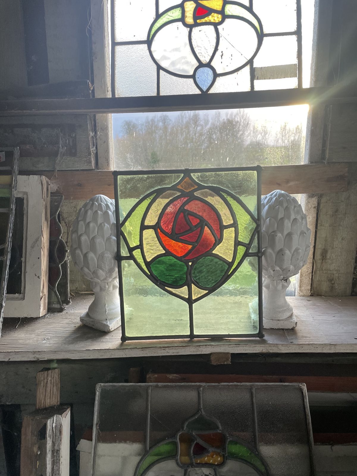 Art Nouveau Stained Glass Window Panel With Vibrant Red Rose Motif And Emerald Green Glass C1890. H35xw29cm (1 Part Of 2 Windows In The Family) photo Home Fixtures