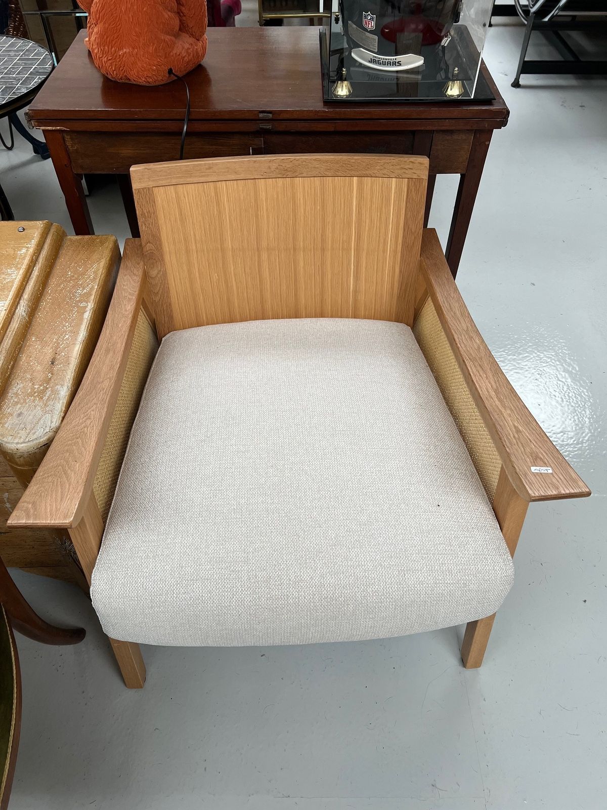 Oak Framed Beige Fabric Arm Chair photo for sale