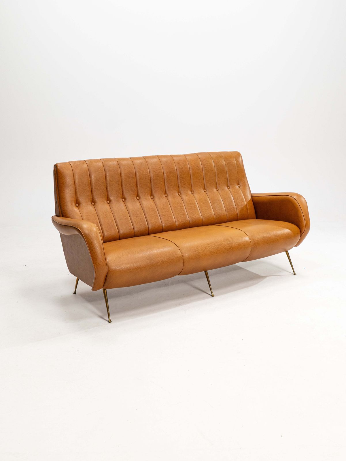 photo for sale Three Seater Sofa In Skai With Brass Feet In The Style Of Marco Zanuso,1950s